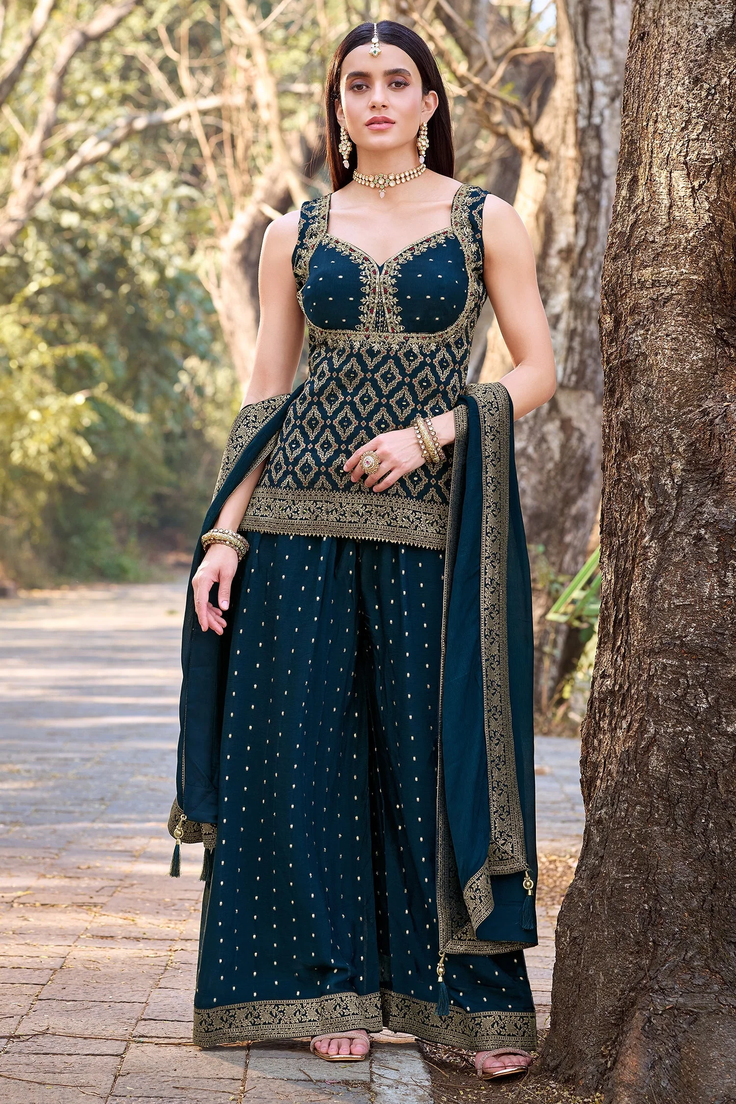 Blue Chinon Art Silk Woven Palazzo Suit - Image 2