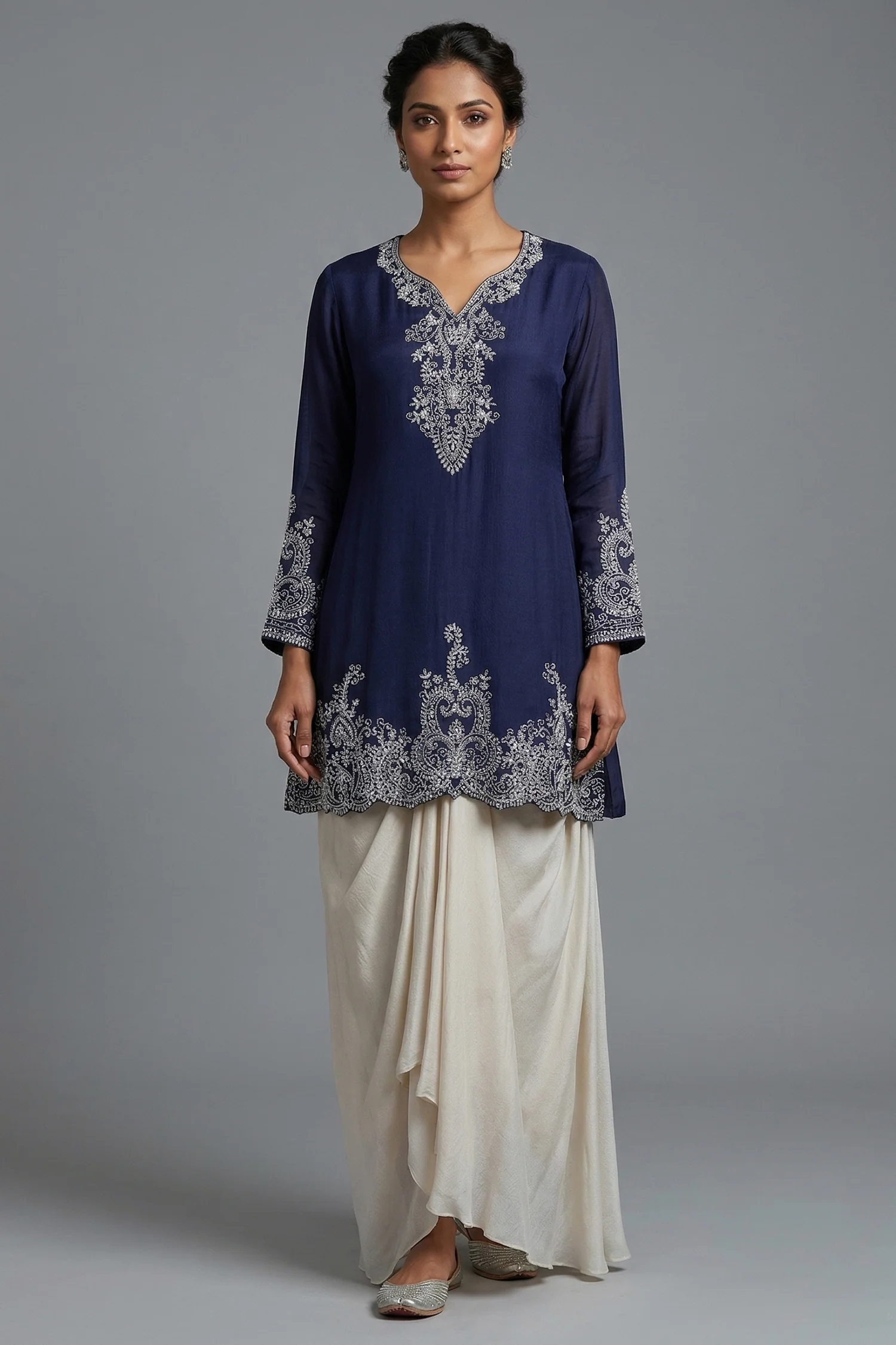 Blue Chinon Chiffon Sequin and Beaded Work Skirt Set