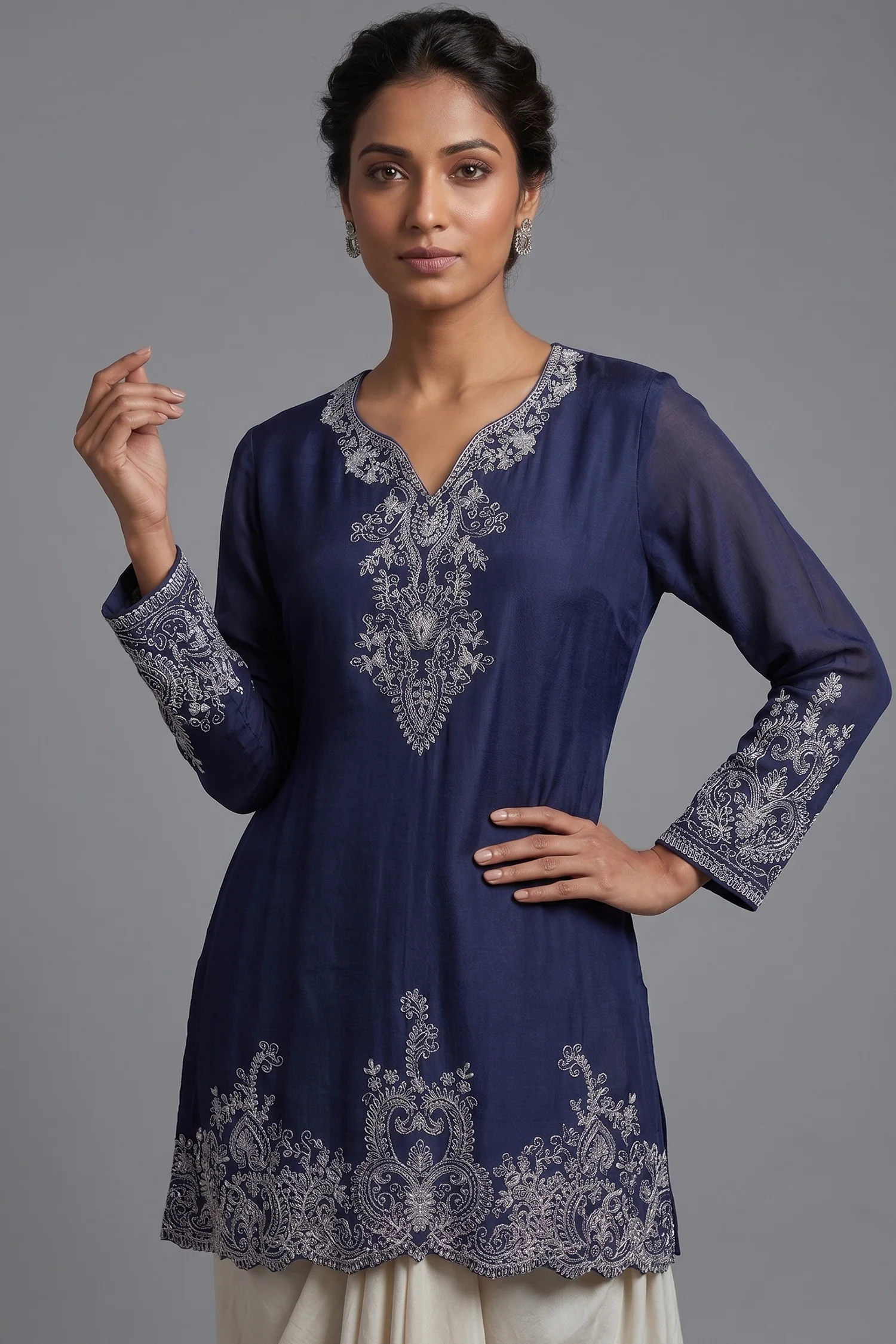 Blue Chinon Chiffon Sequin and Beaded Work Skirt Set - Image 2
