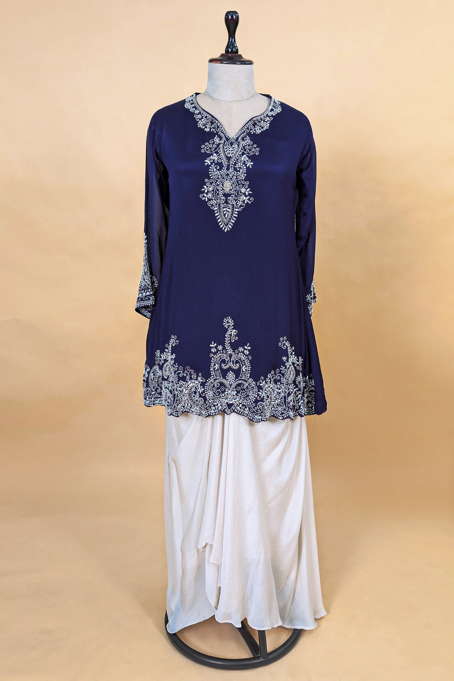 Blue Chinon Chiffon Sequin and Beaded Work Skirt Set - Image 3