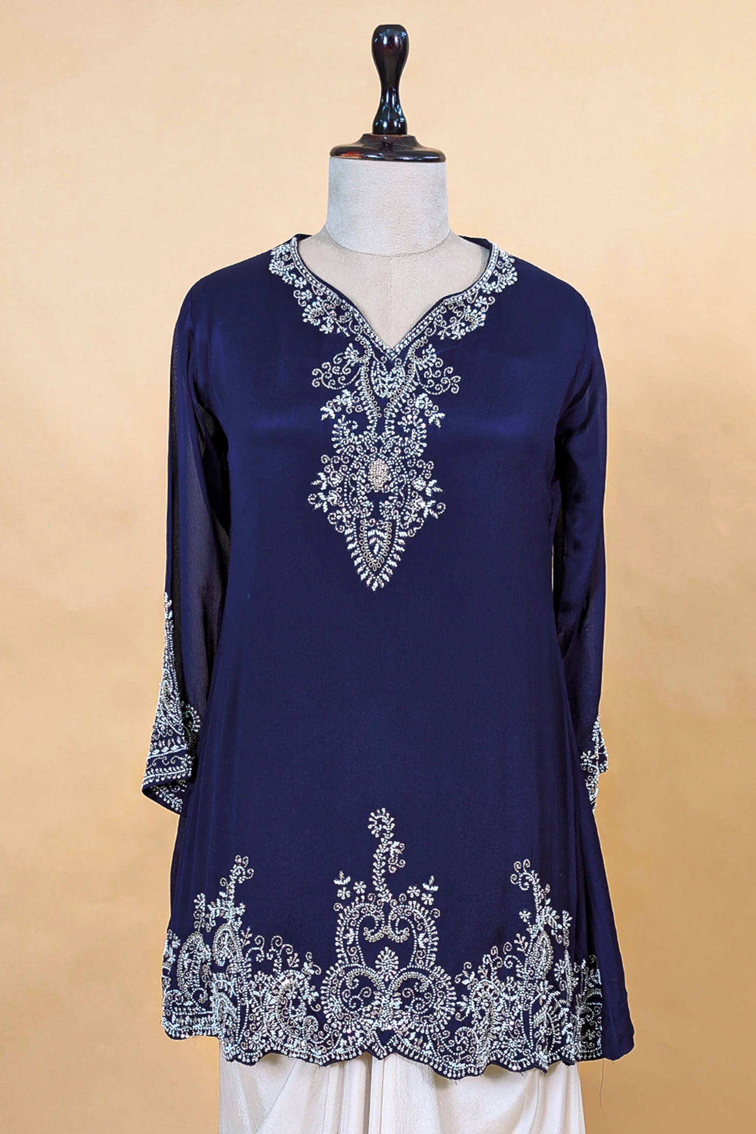Blue Chinon Chiffon Sequin and Beaded Work Skirt Set - Image 4