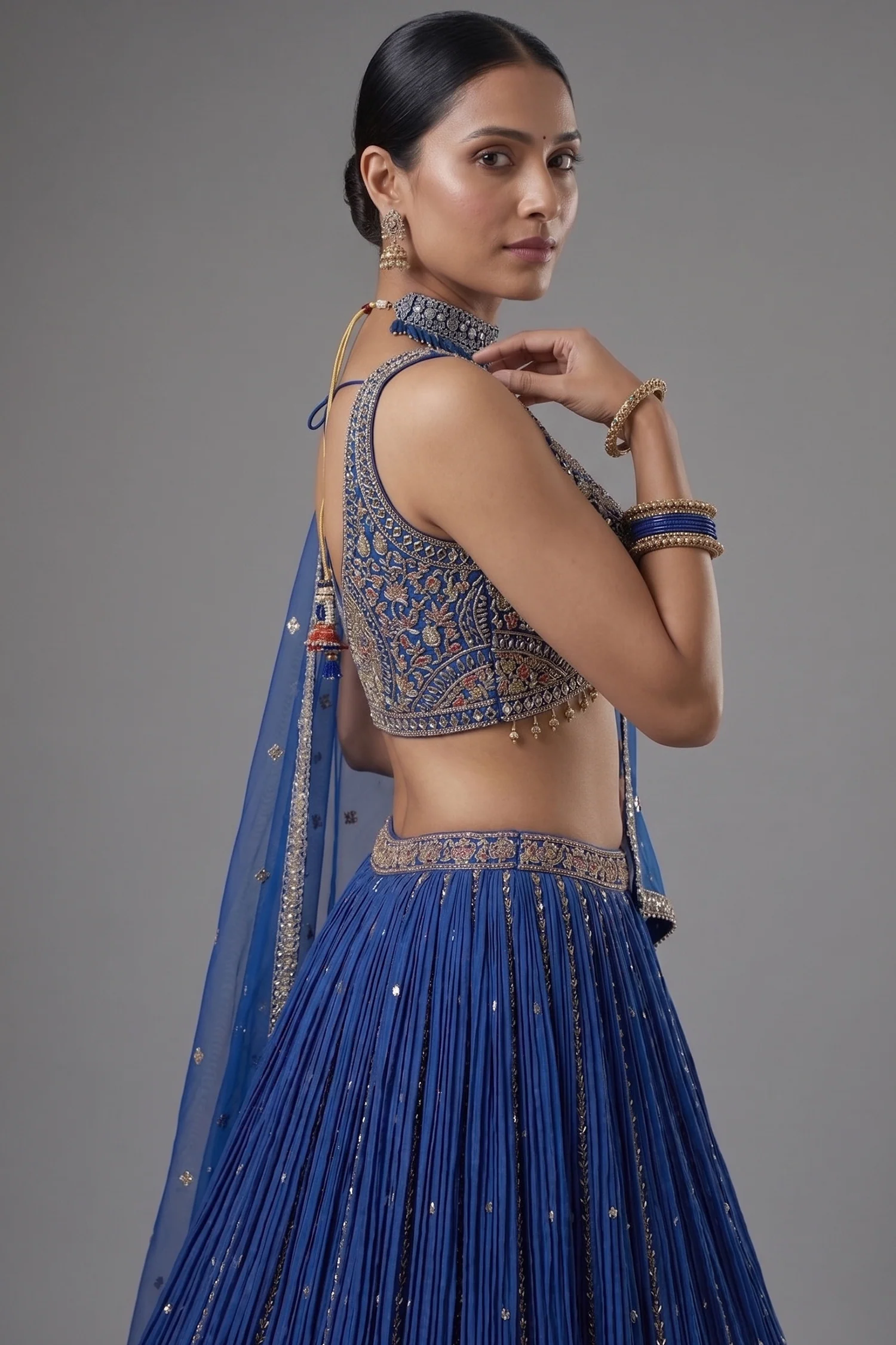 Blue Chinon Crepe Printed and Sequin Worked Lehenga - Image 2