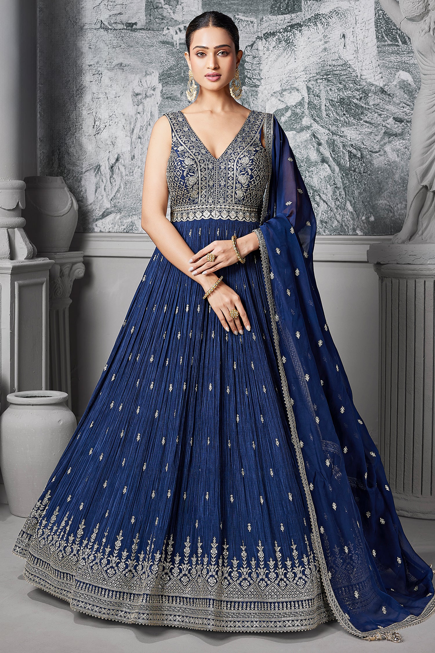 Blue Chinon Sequin Anarkali Suit - Image 2