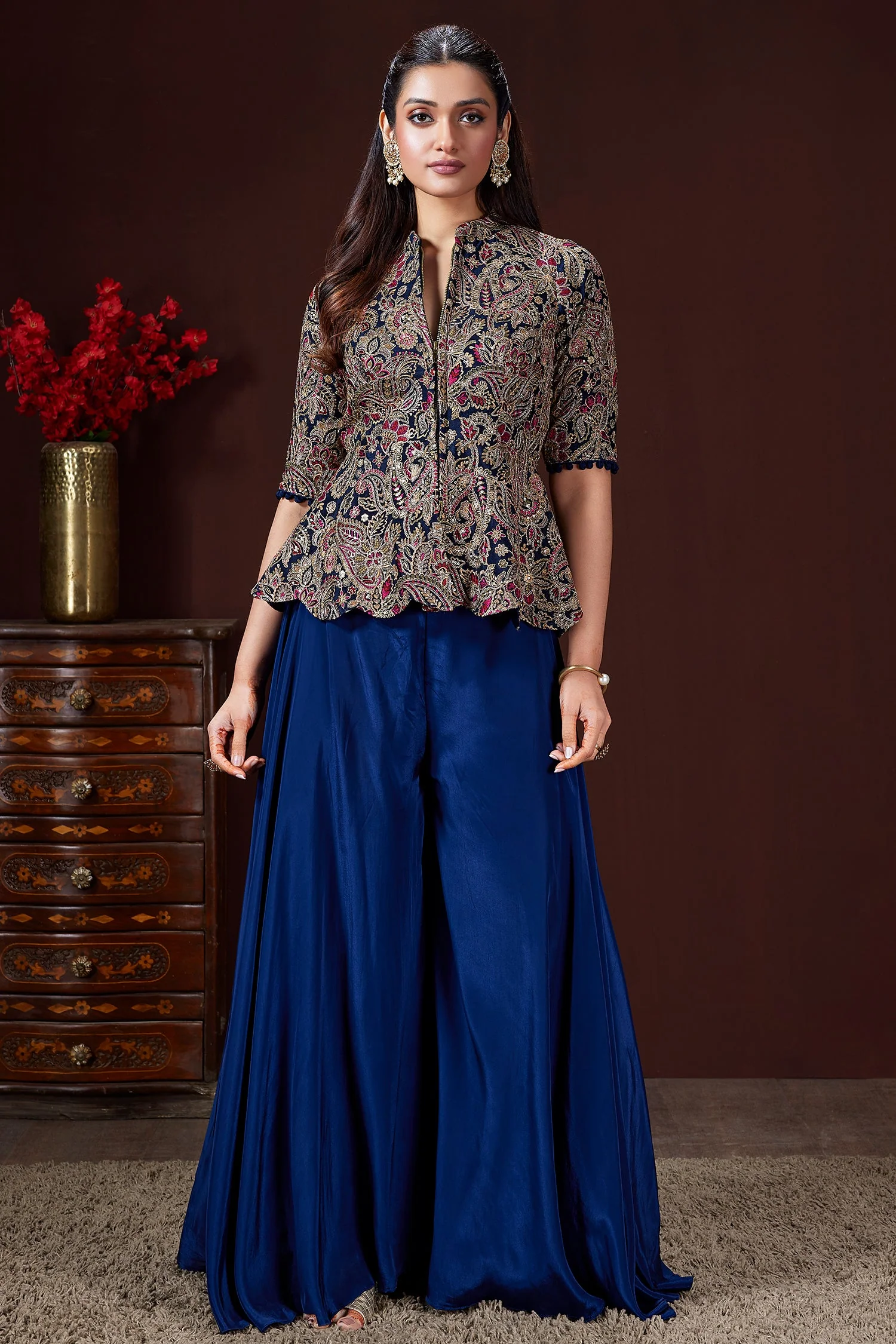 Blue Chinon Sequin Embroidered Top and Palazzo Set - Image 2