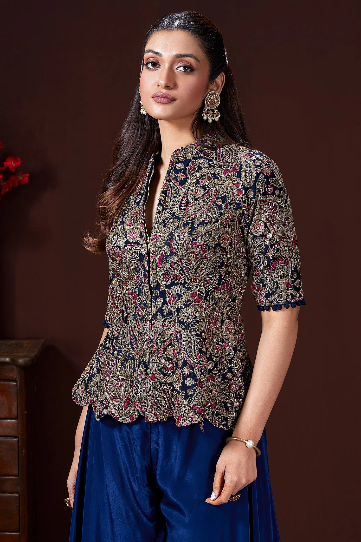 Blue Chinon Sequin Embroidered Top and Palazzo Set - Image 3