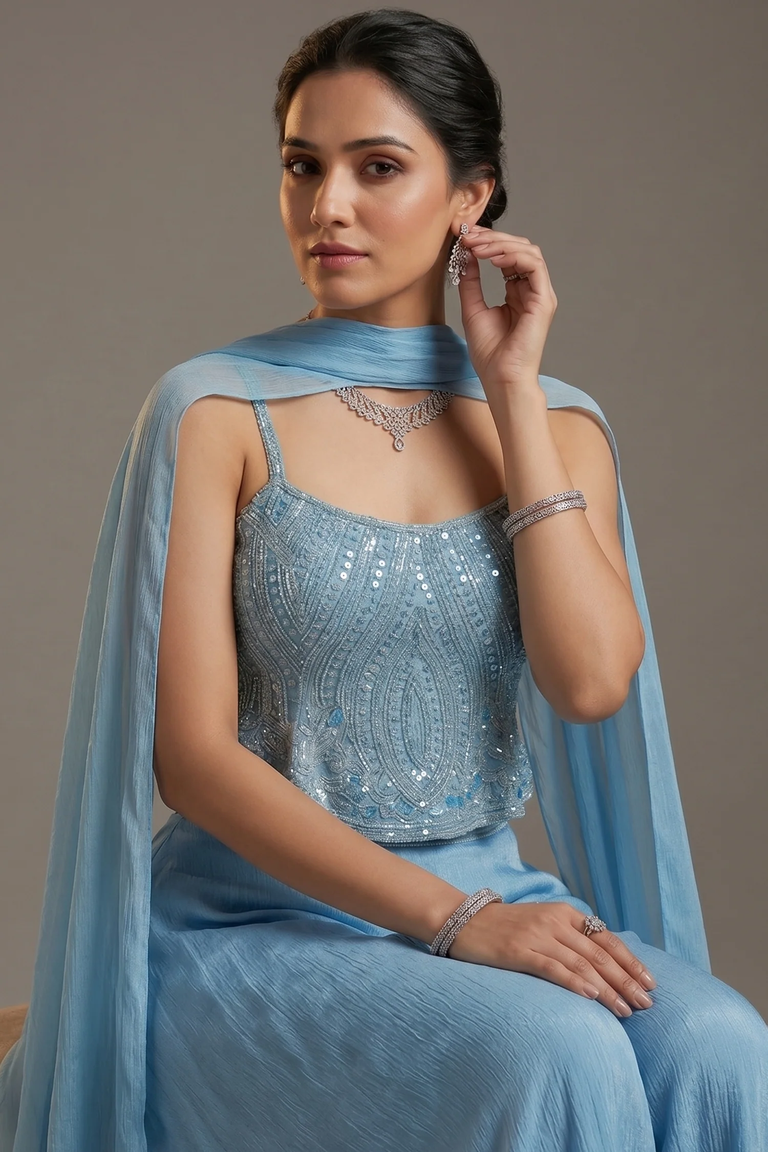 Blue Chinon Sequinned Peplum Style Crop Top Palazzo Set - Image 2