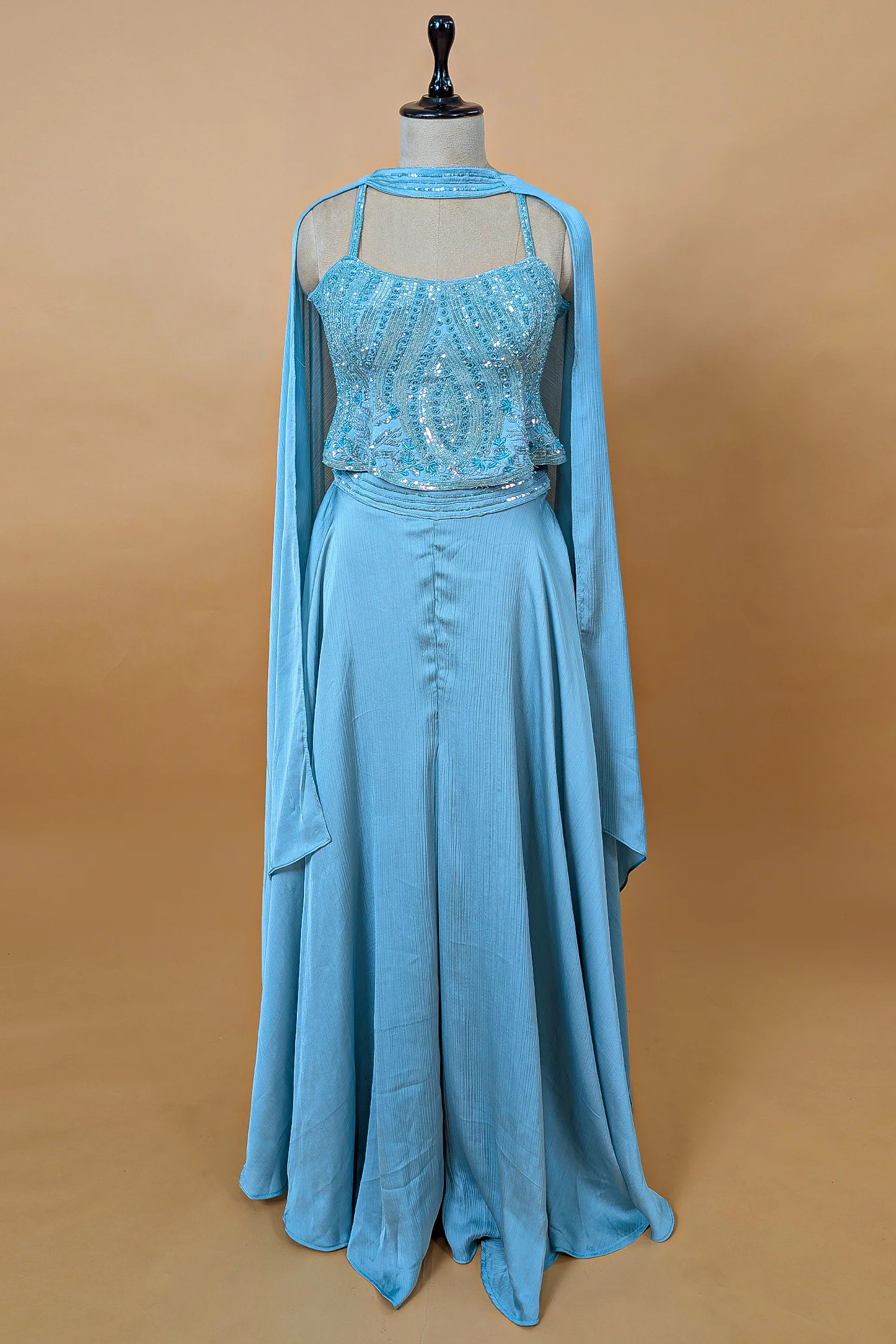 Blue Chinon Sequinned Peplum Style Crop Top Palazzo Set - Image 3