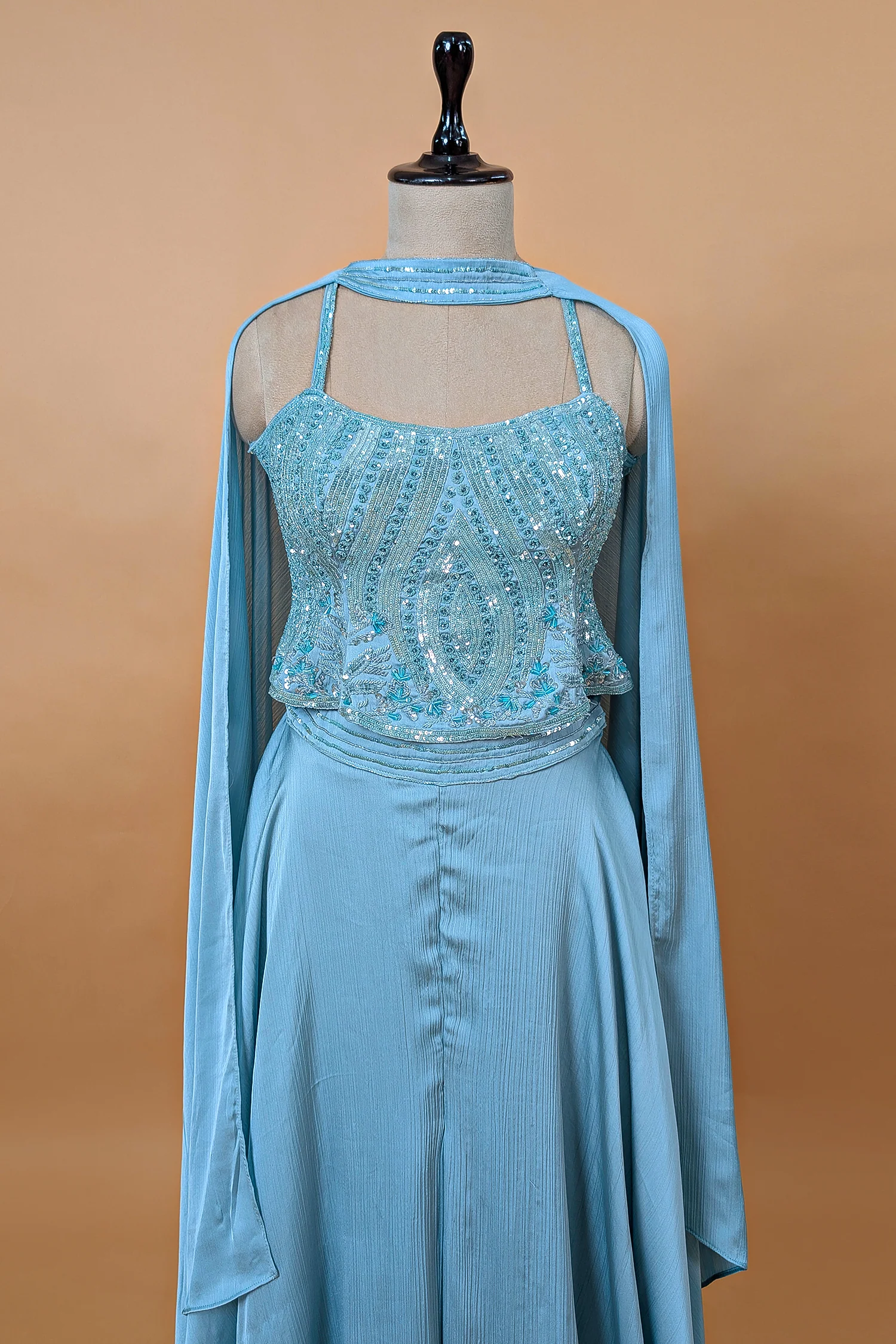 Blue Chinon Sequinned Peplum Style Crop Top Palazzo Set - Image 4