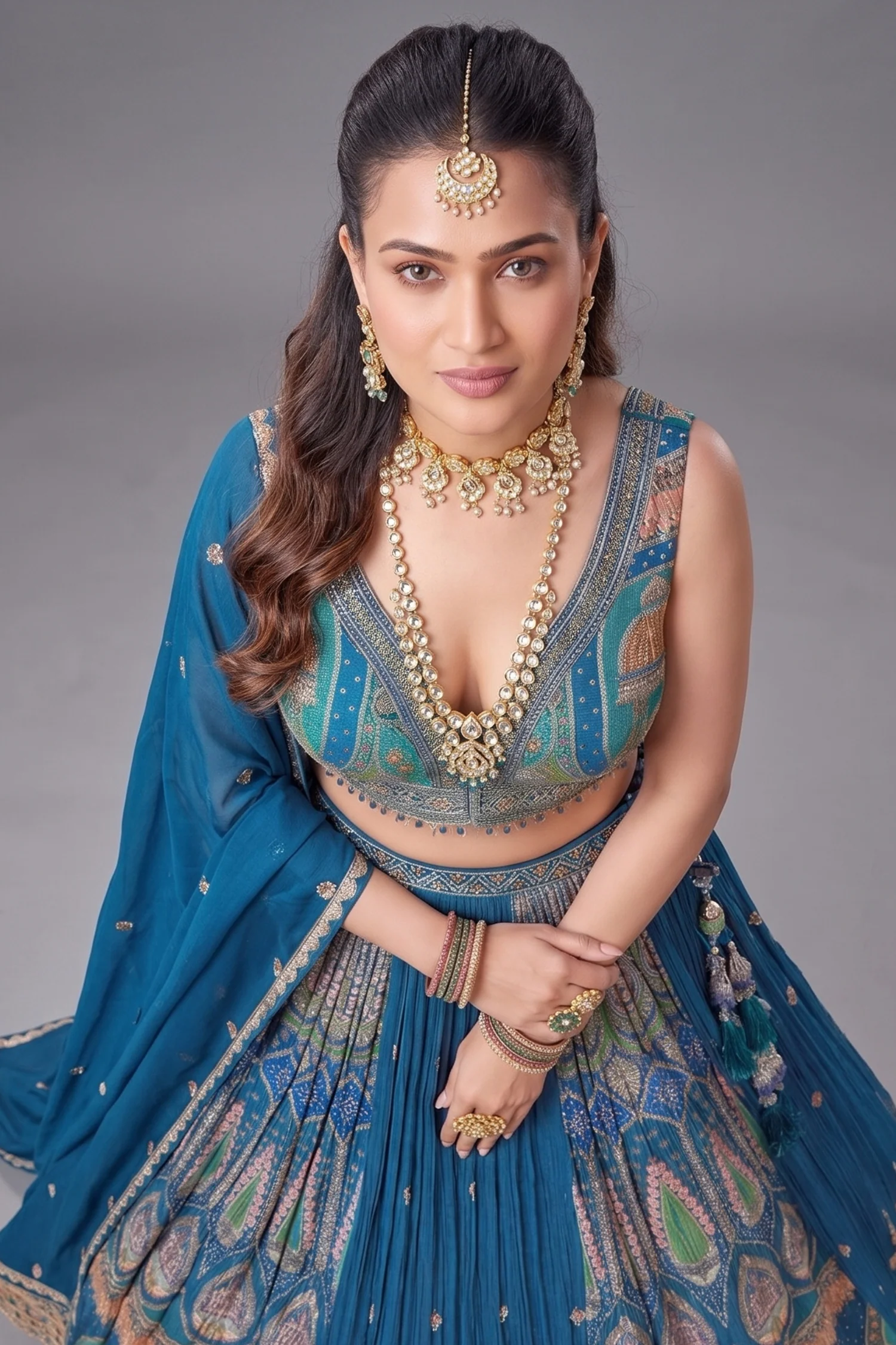 Blue Chinon Woven Pleated Lehenga - Image 2