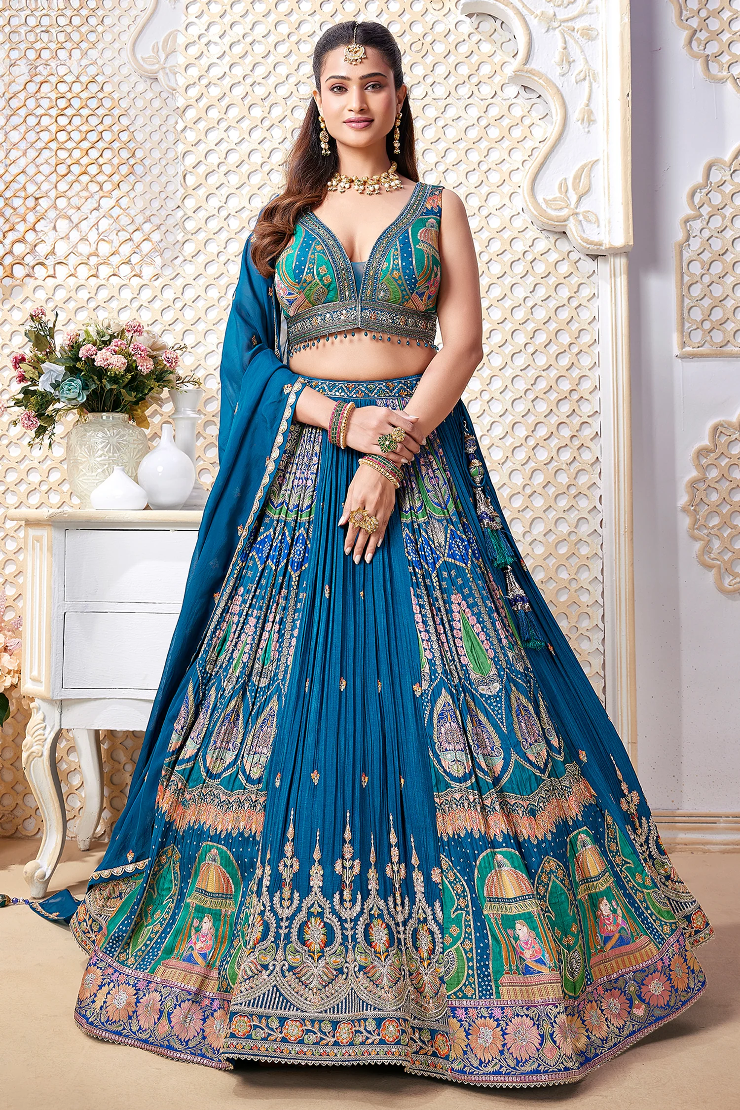 Blue Chinon Woven Pleated Lehenga - Image 3
