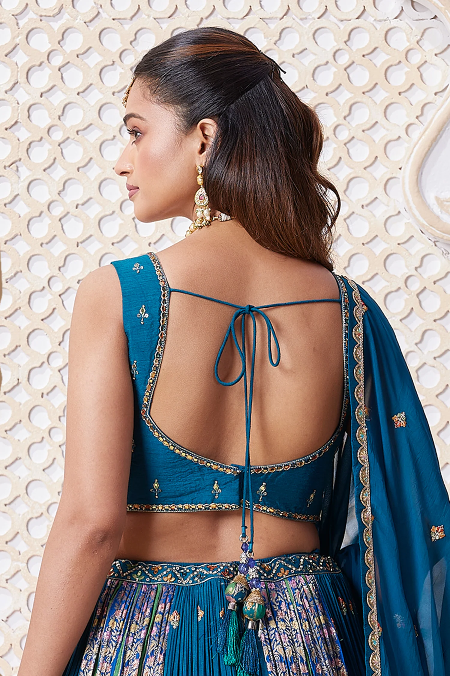 Blue Chinon Woven Pleated Lehenga - Image 4