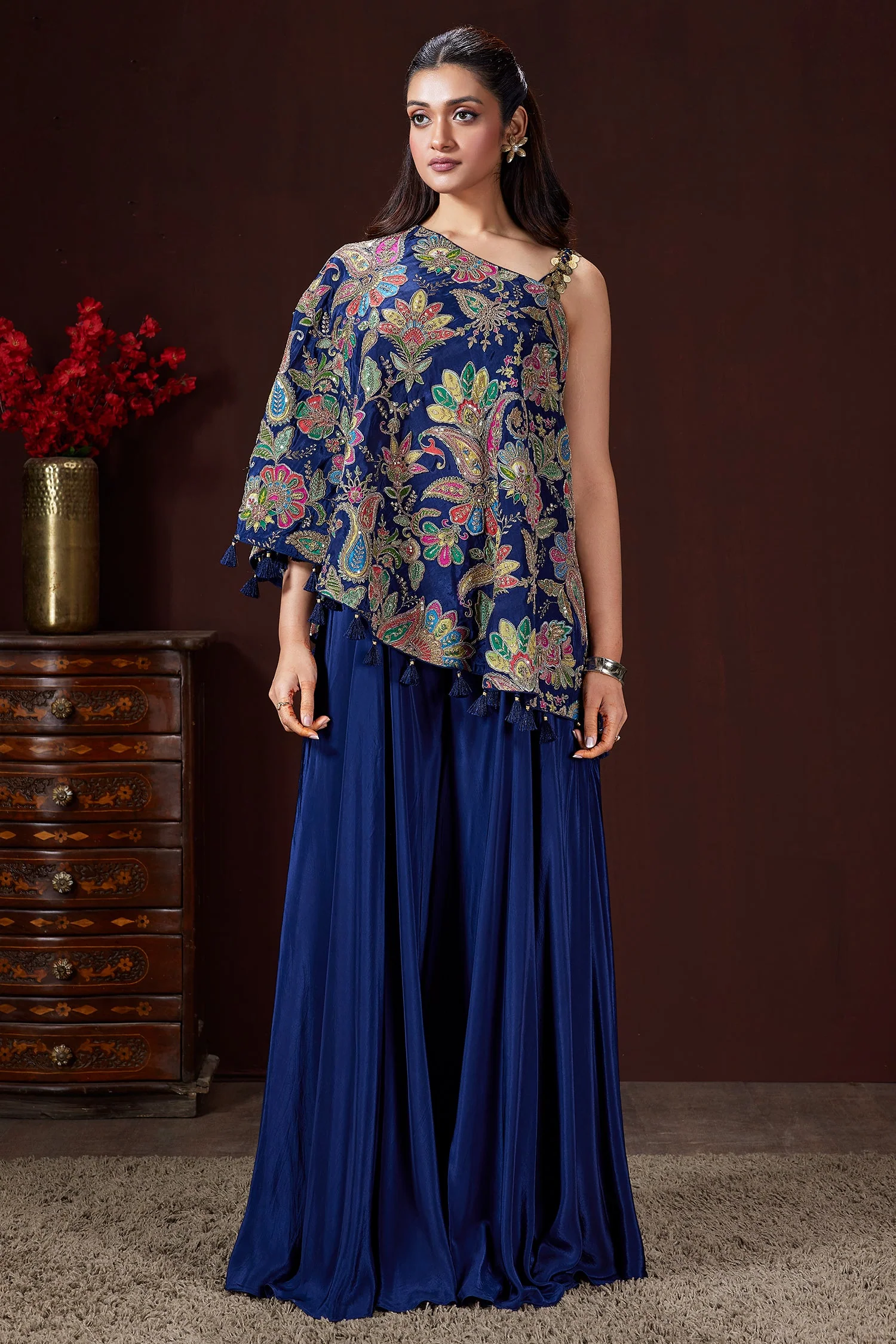 Blue Crepe Satin Silk Printed One Shoulder Asymmetrical Top and Palazzo Set - Image 2