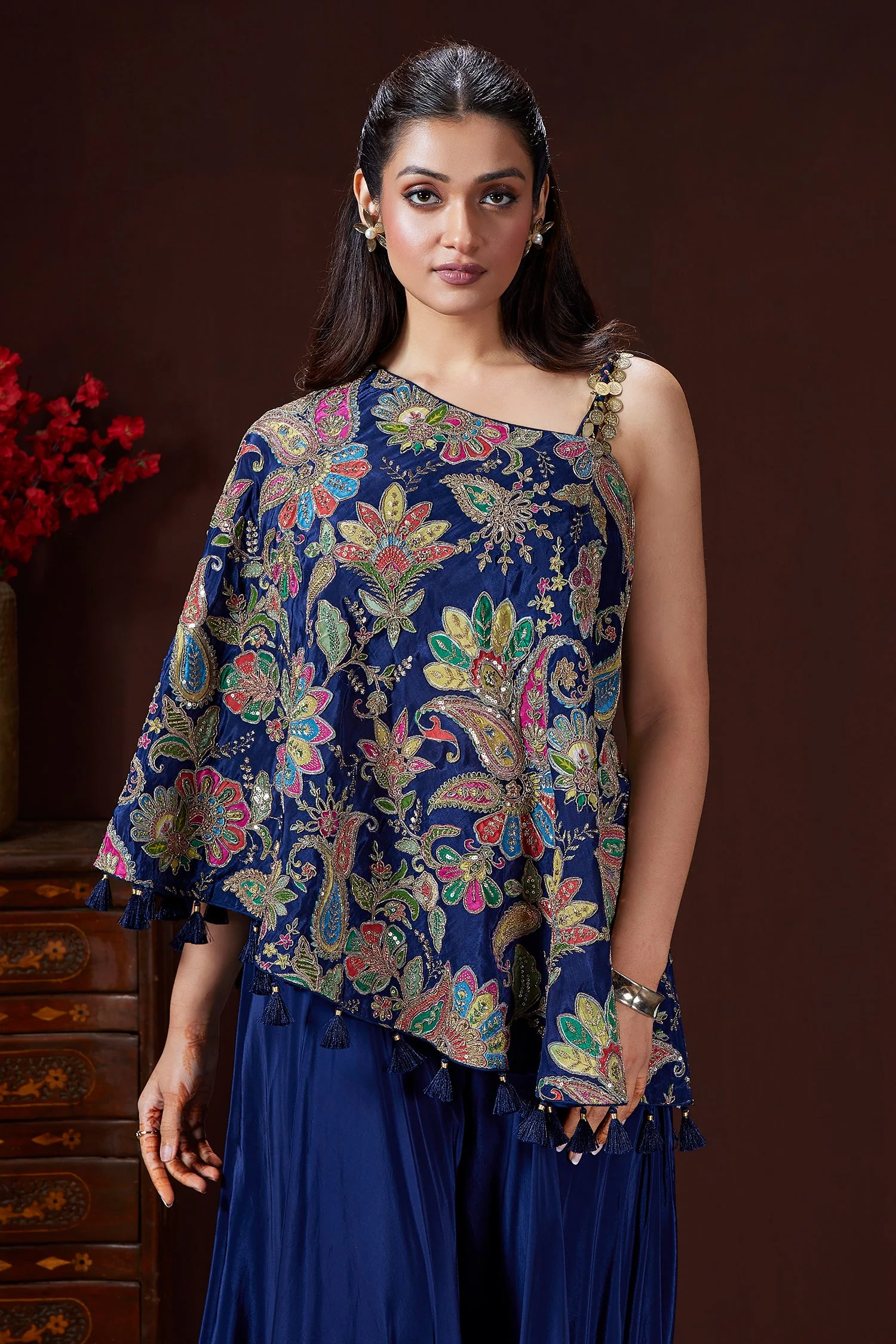 Blue Crepe Satin Silk Printed One Shoulder Asymmetrical Top and Palazzo Set - Image 3
