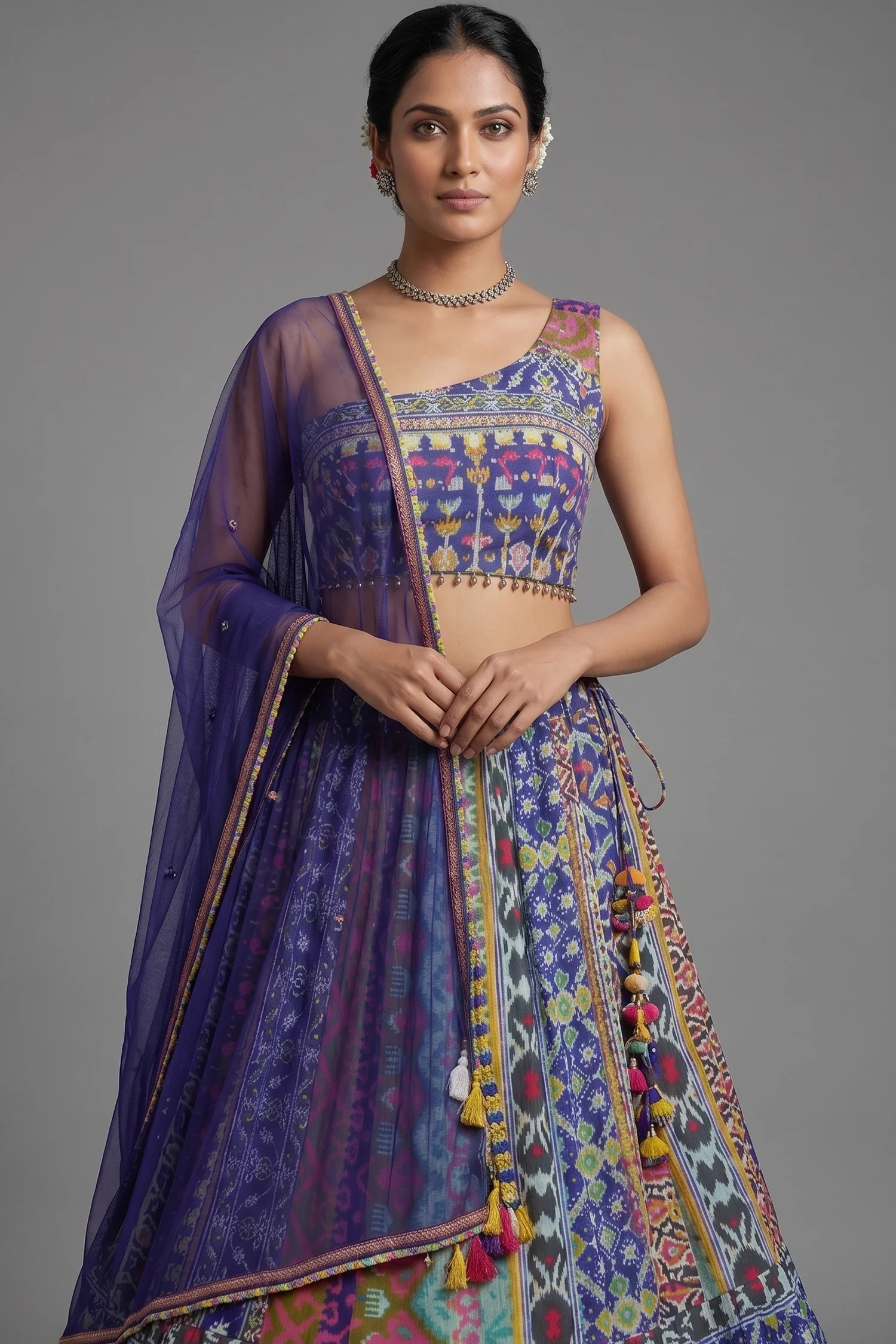 Blue Crepe Silk Printed Asymmetric Neckline Lehenga Set - Image 2