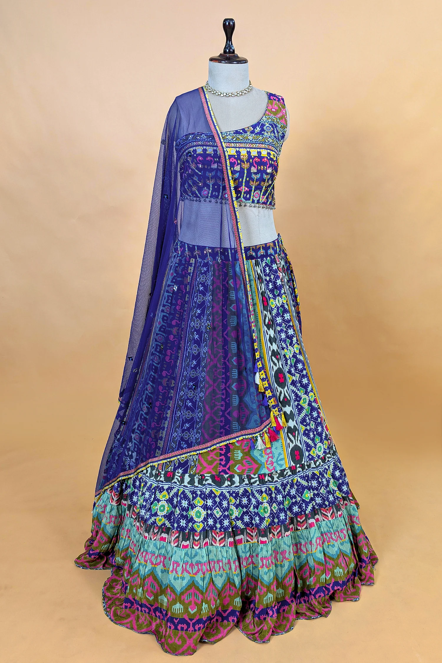 Blue Crepe Silk Printed Asymmetric Neckline Lehenga Set - Image 3