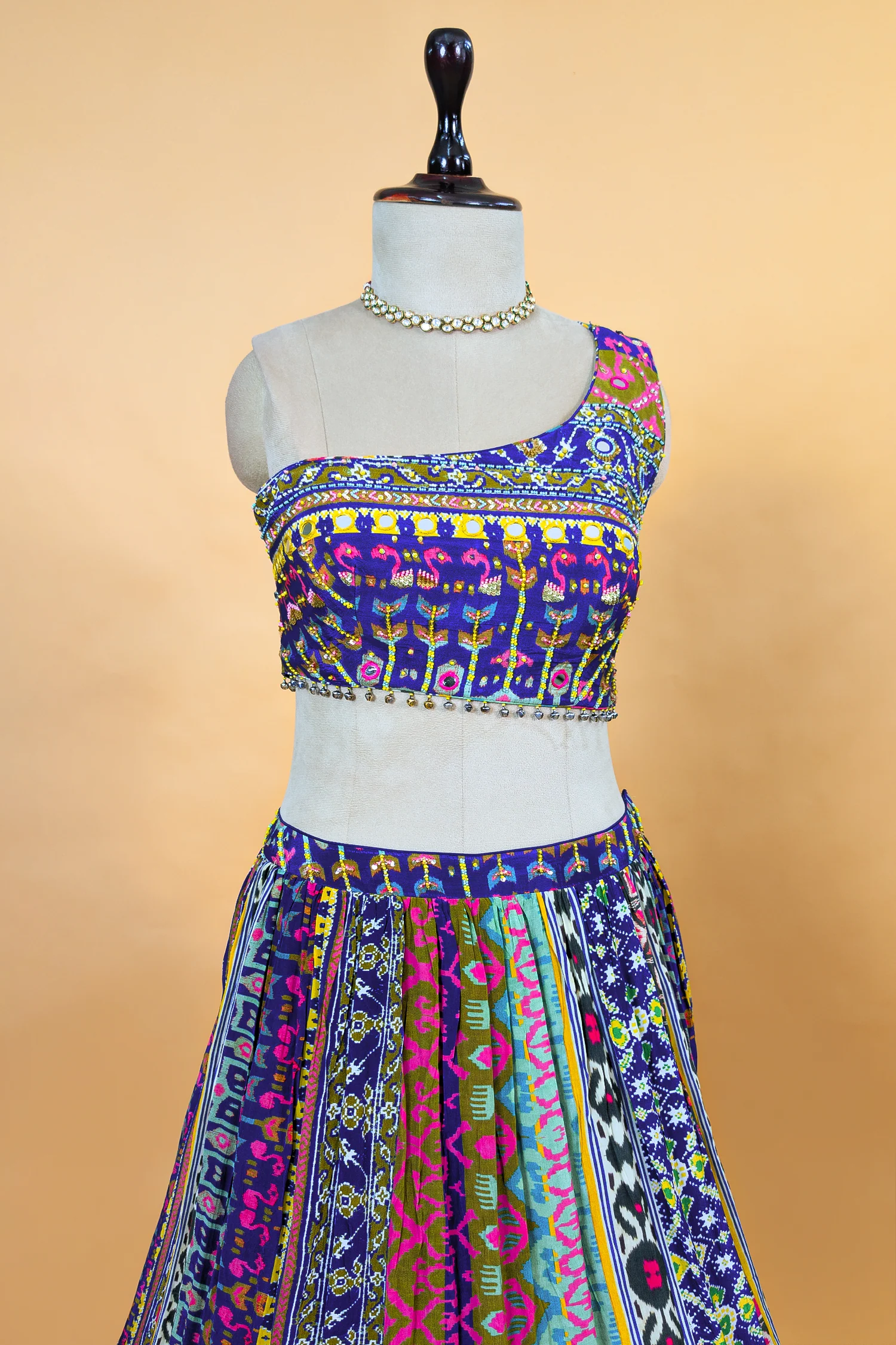 Blue Crepe Silk Printed Asymmetric Neckline Lehenga Set - Image 4