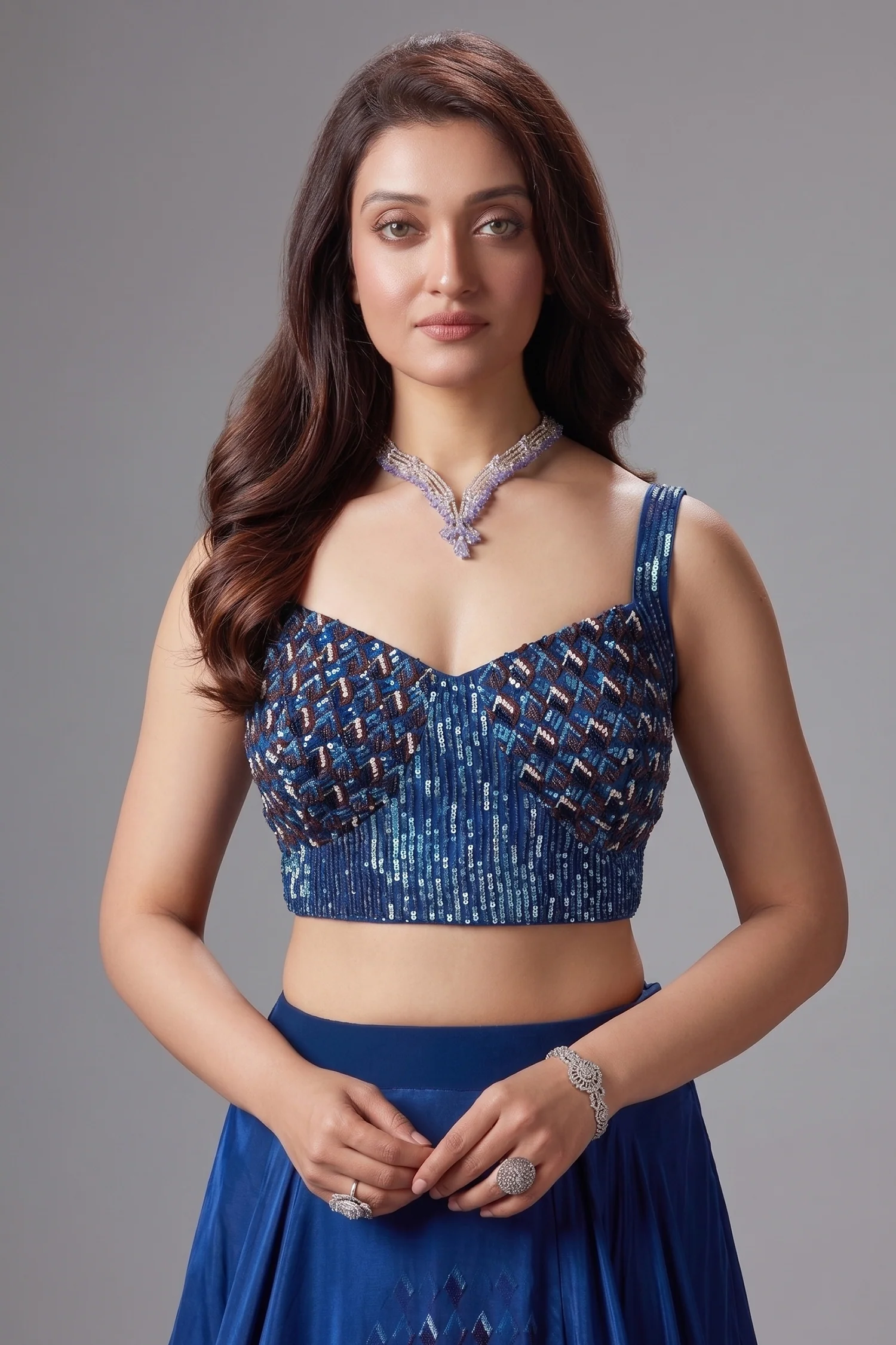 Blue Crepe Silk Printed Flared Lehenga with Sequin Cutdana Worked Corset - Image 2