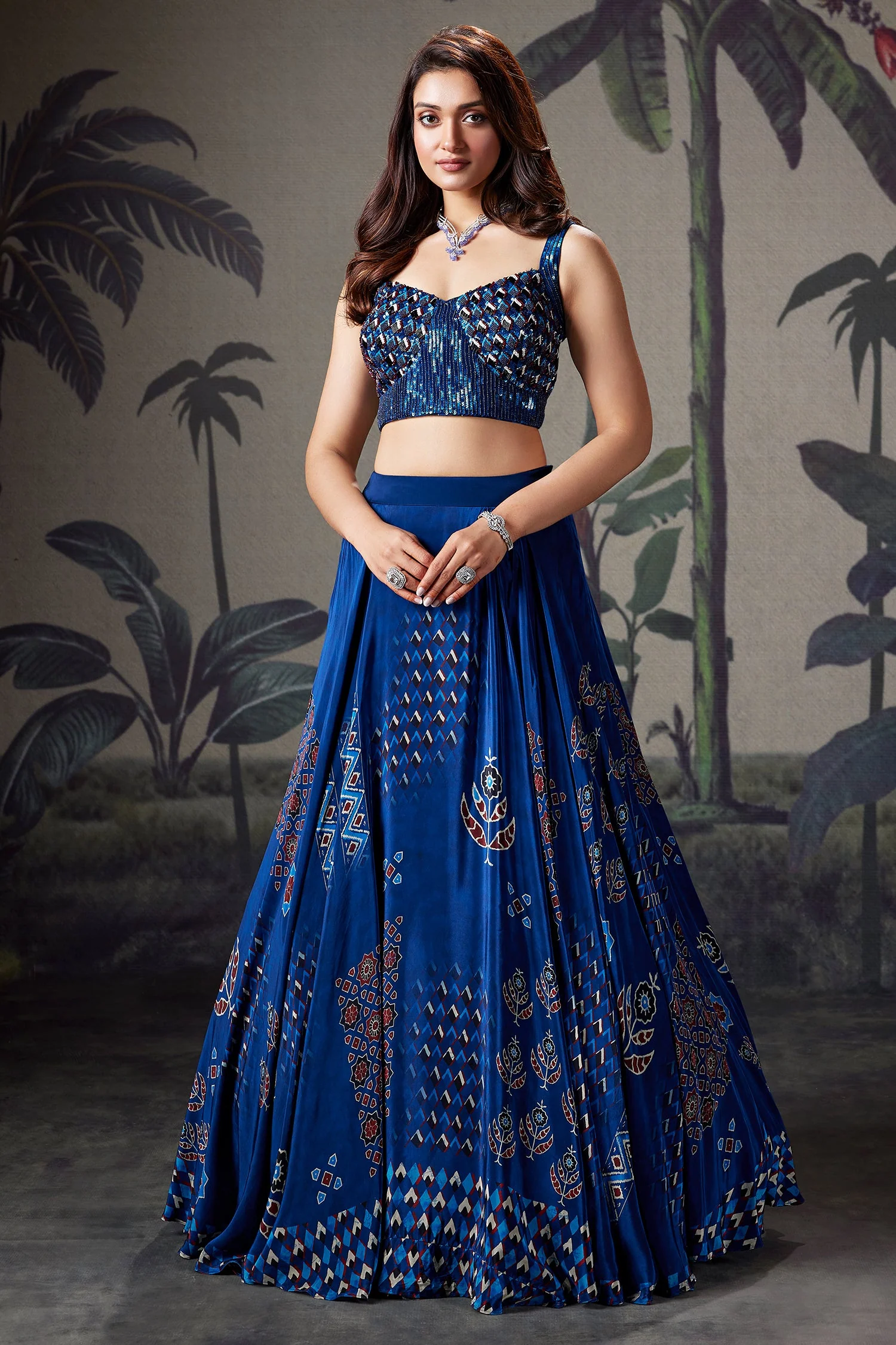 Blue Crepe Silk Printed Flared Lehenga with Sequin Cutdana Worked Corset - Image 3
