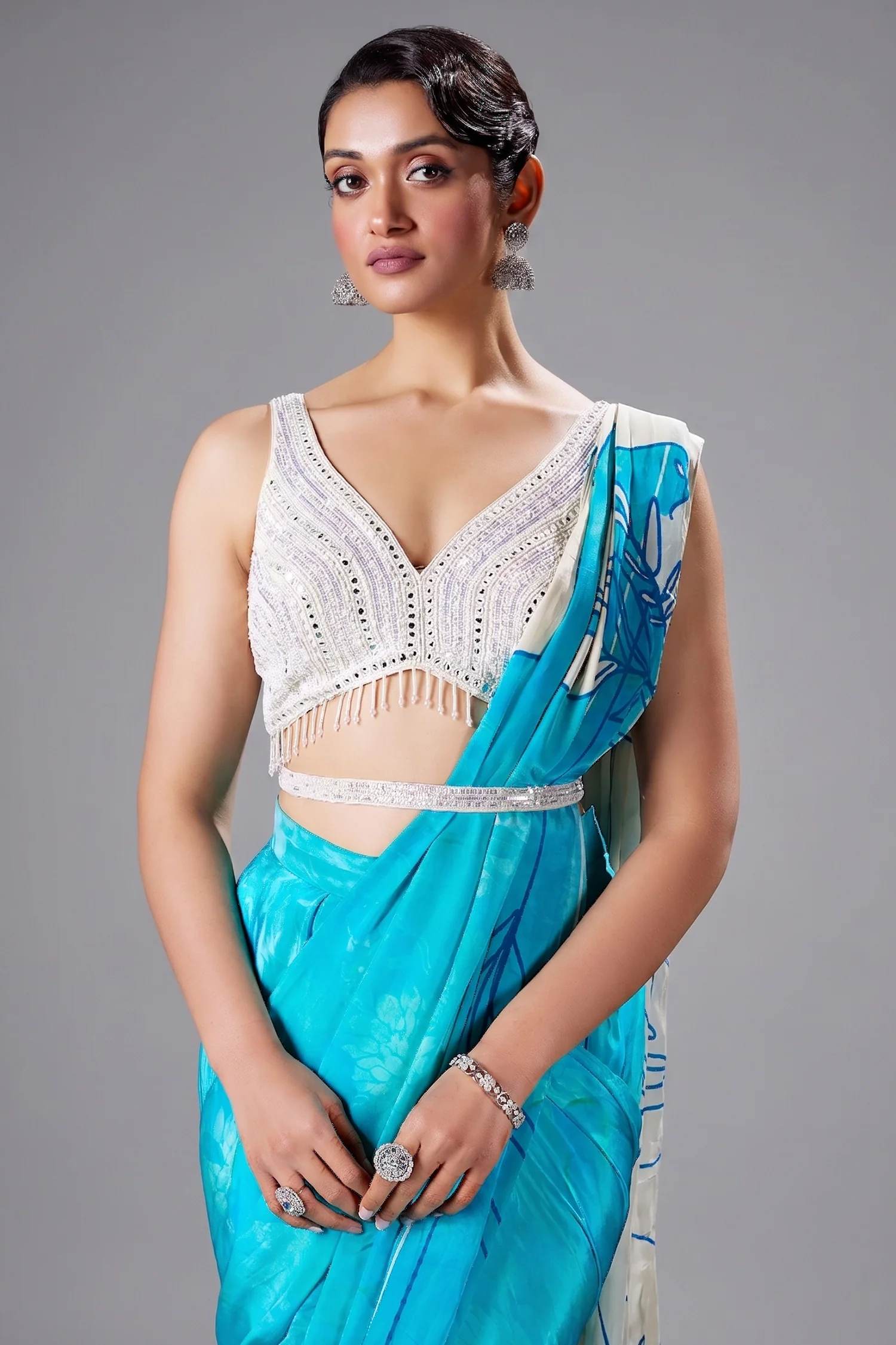 Blue Crepe Silk Printed Ready to Wear Saree with Mirror and Sequin Cutdana Work V Neck Blouse - Image 2