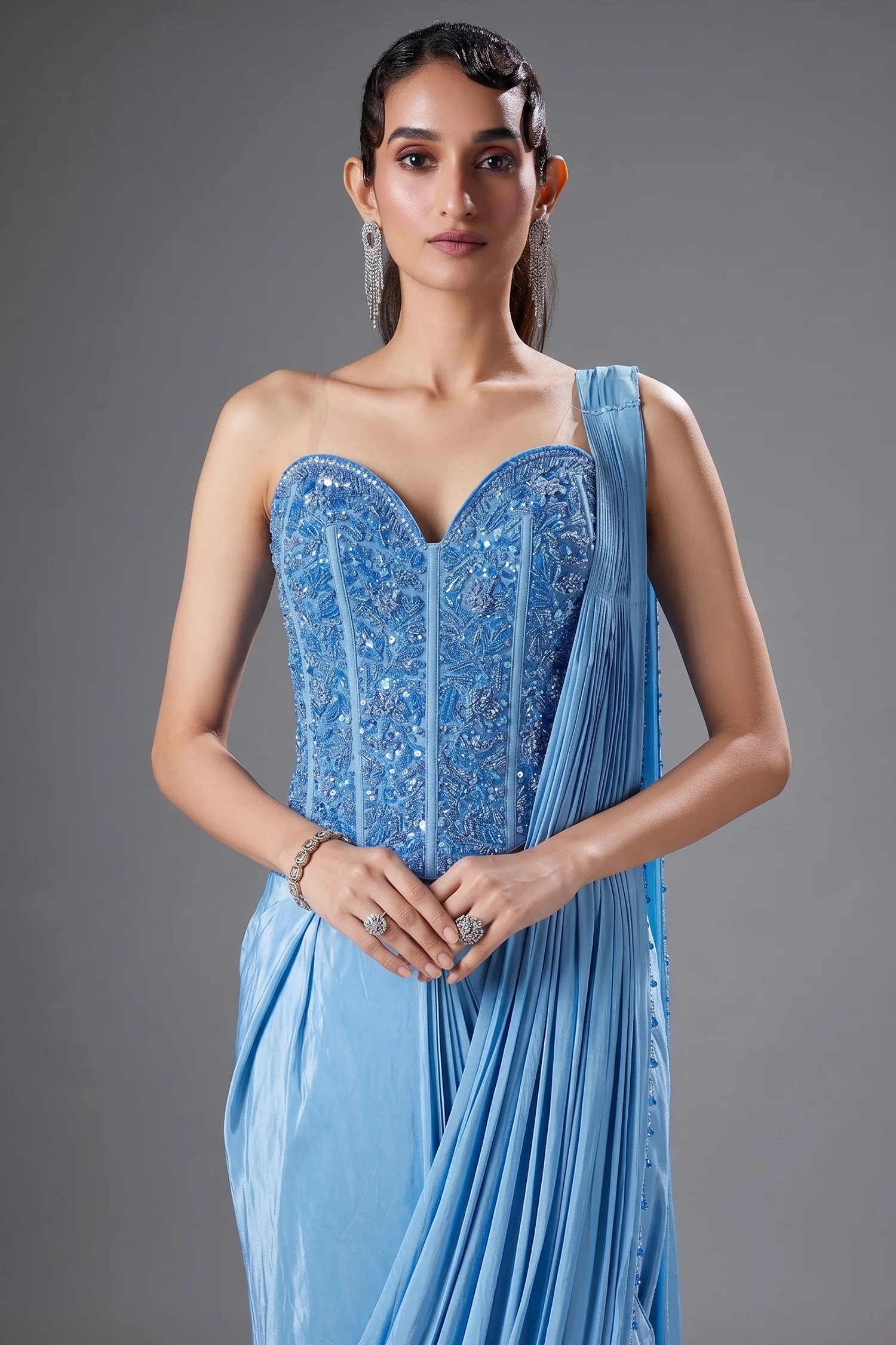Blue Crepe Silk Readymade Saree with Beaded Cutdana Worked Corset - Image 2