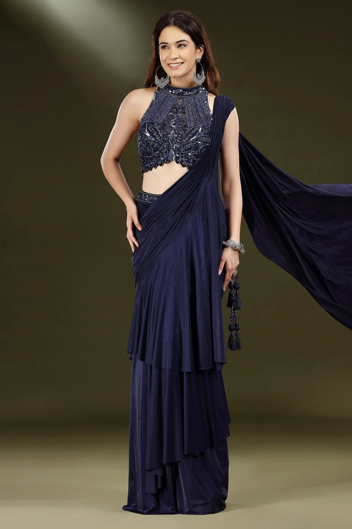 Blue Crepe Silk Readymade Saree with Embellished Heltar Neck Blouse - Image 3