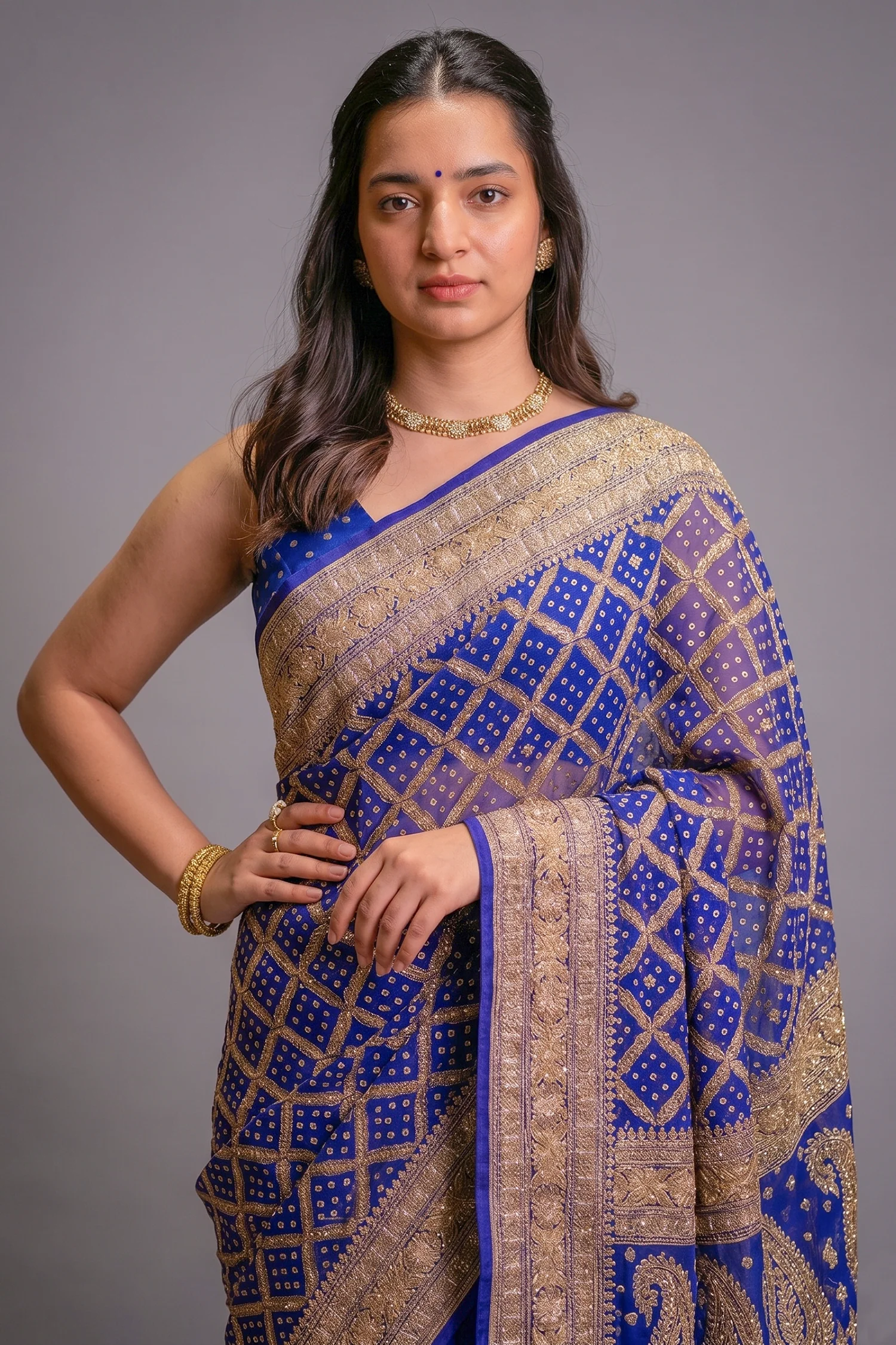 Blue Georgette Traditional Checks Bandhej Saree with Handwork - Image 2