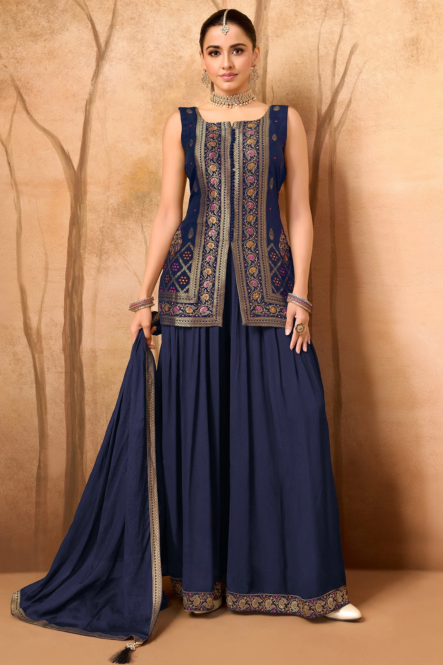 Blue Georgette Woven Palazzo Suit - Image 2