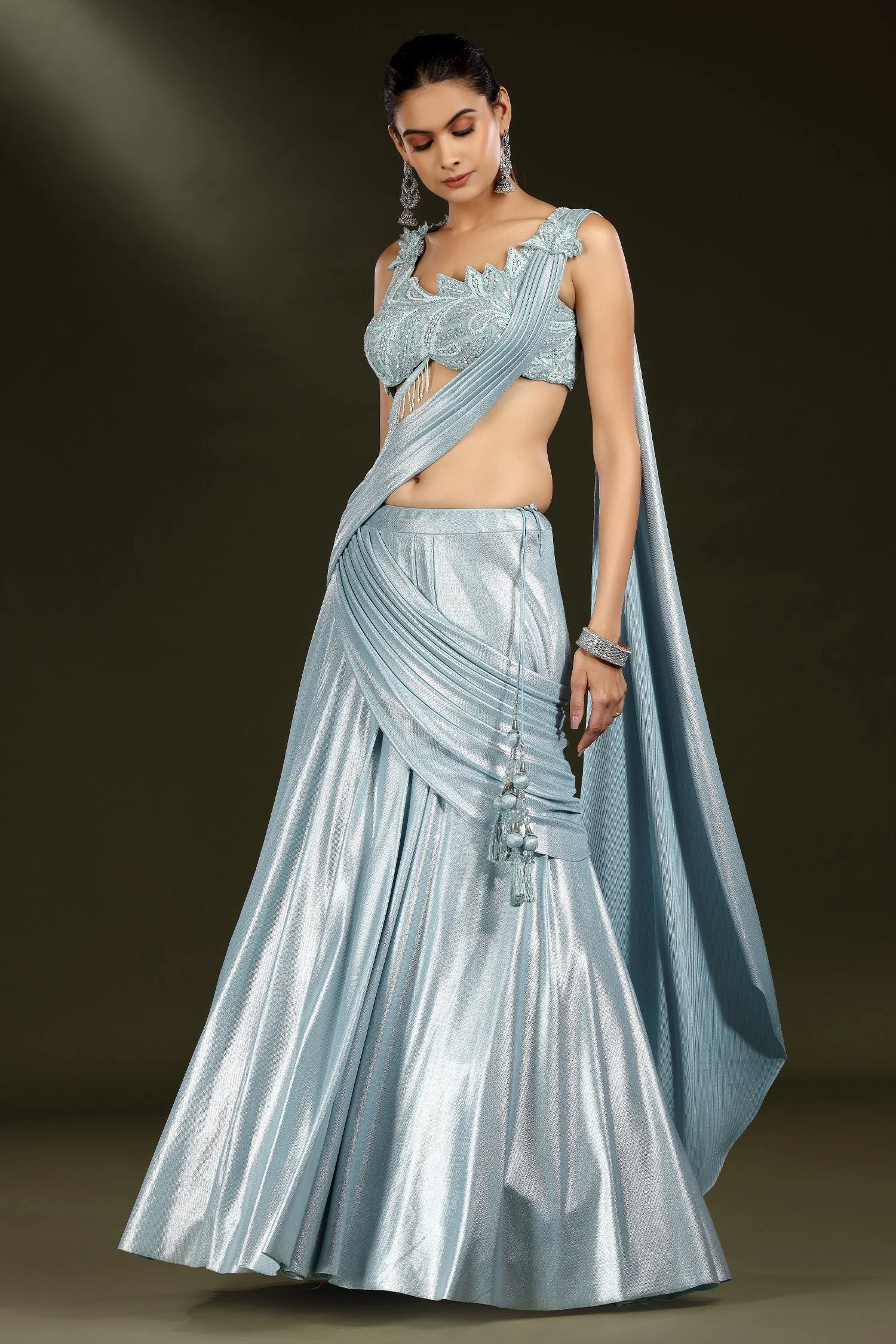 Blue Imported Crepe Silk Lehenga with Embellished Blouse and Attached Dupatta - Image 3