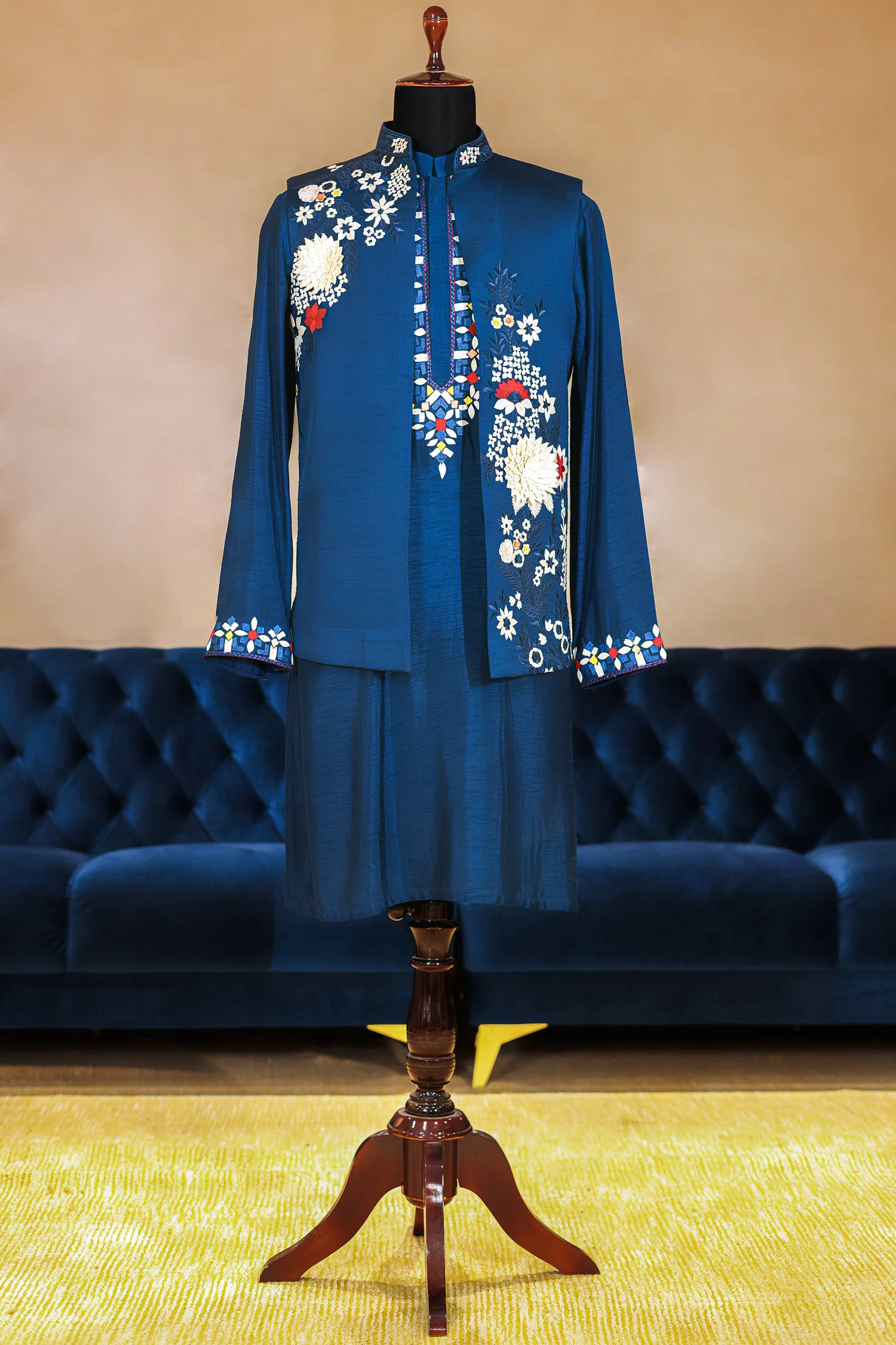 Blue Jodhpuri Kurta Set in Silk with Multi Colored Embroidery and Beads Work Jacket - Image 2