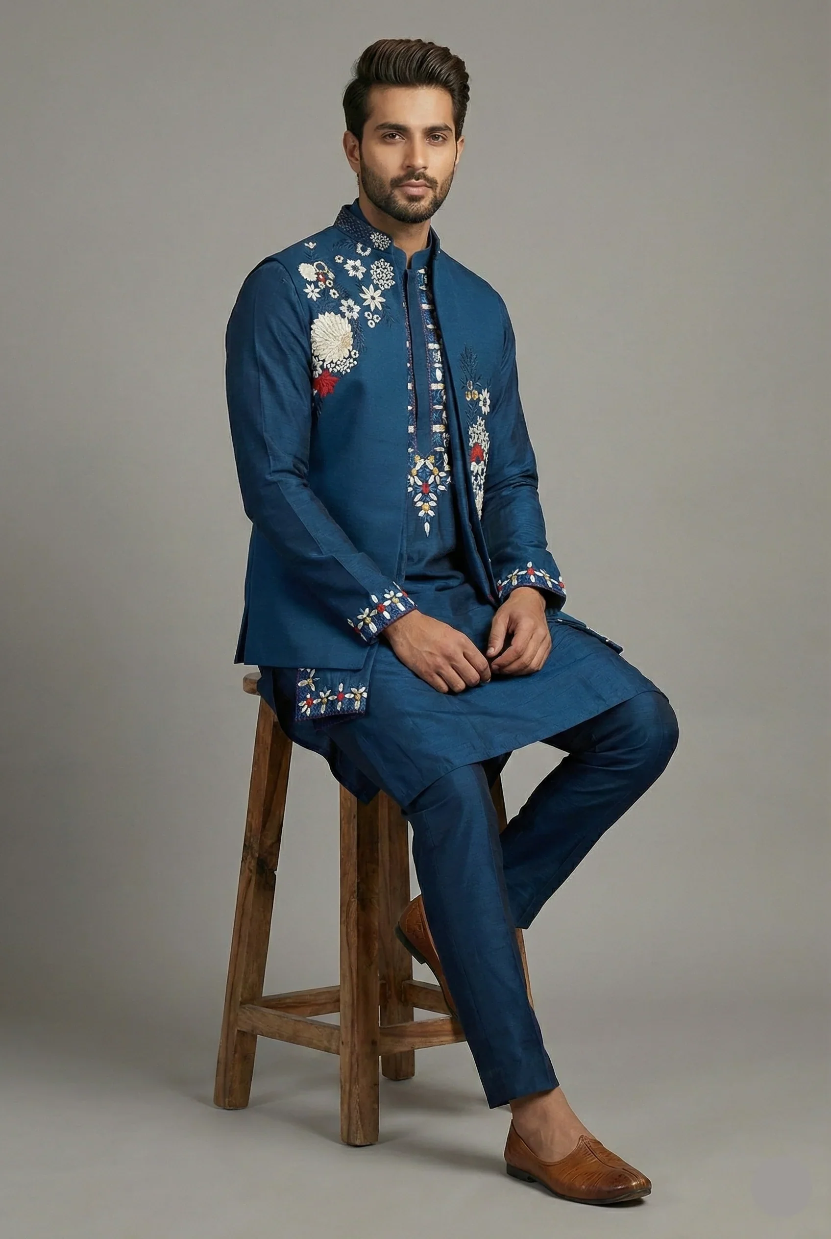 Blue Jodhpuri Kurta Set in Silk with Multi Colored Embroidery and Beads Work Jacket - Image 3