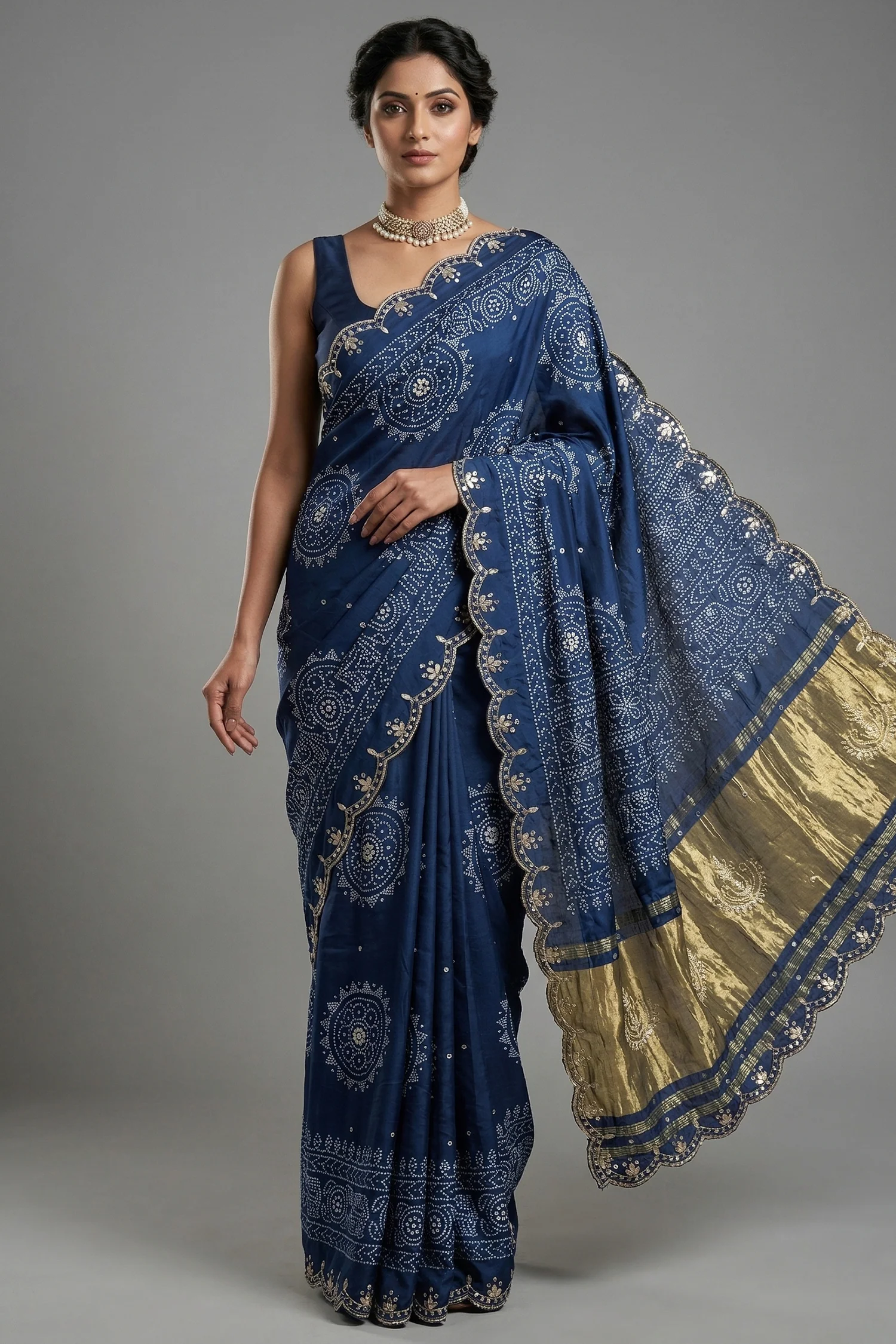 Blue Modal Silk Ajrakh Printed Saree with Applique and Gota Work