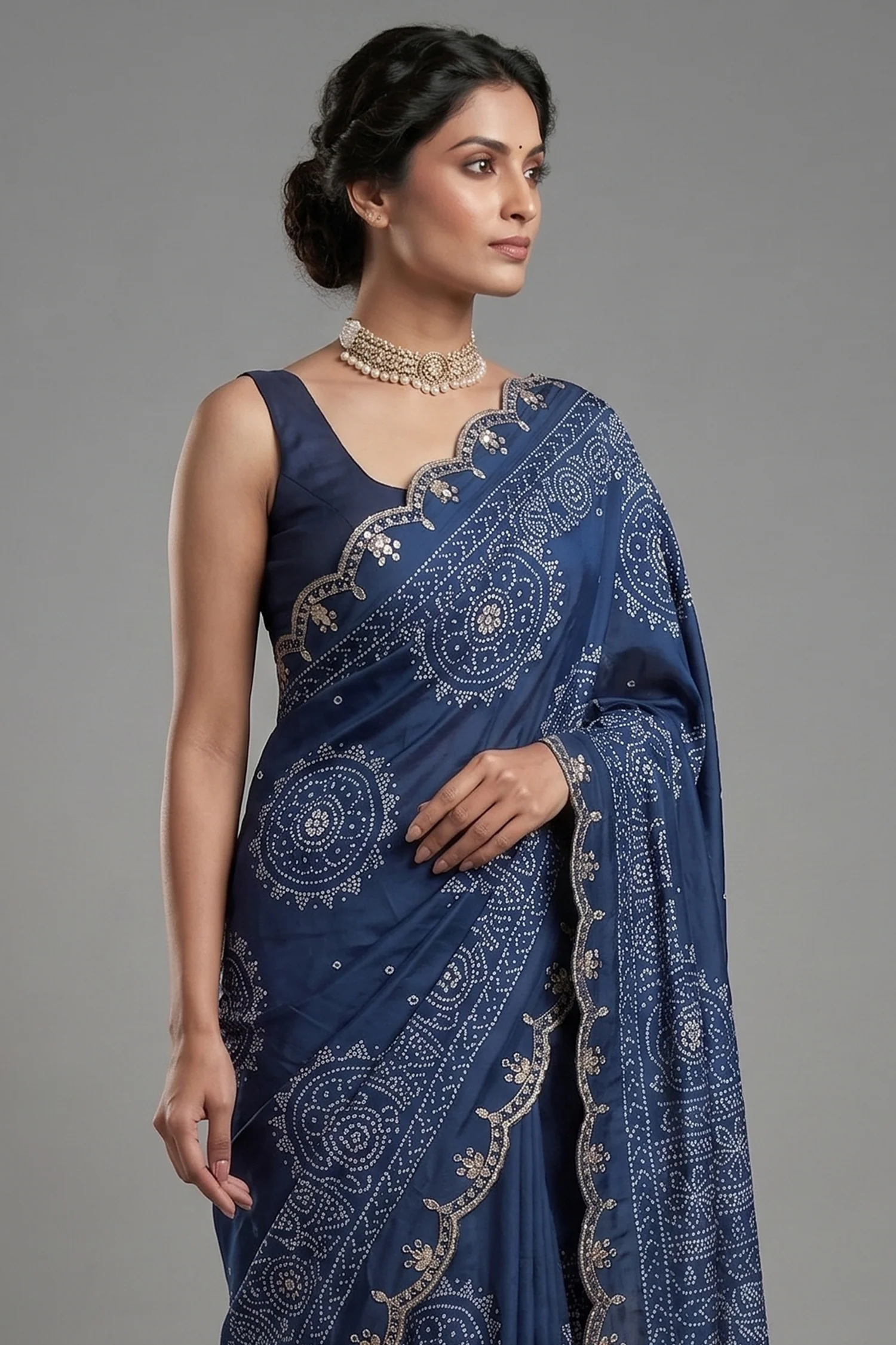 Blue Modal Silk Ajrakh Printed Saree with Applique and Gota Work - Image 2
