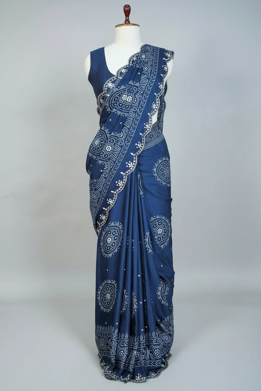 Blue Modal Silk Ajrakh Printed Saree with Applique and Gota Work - Image 3