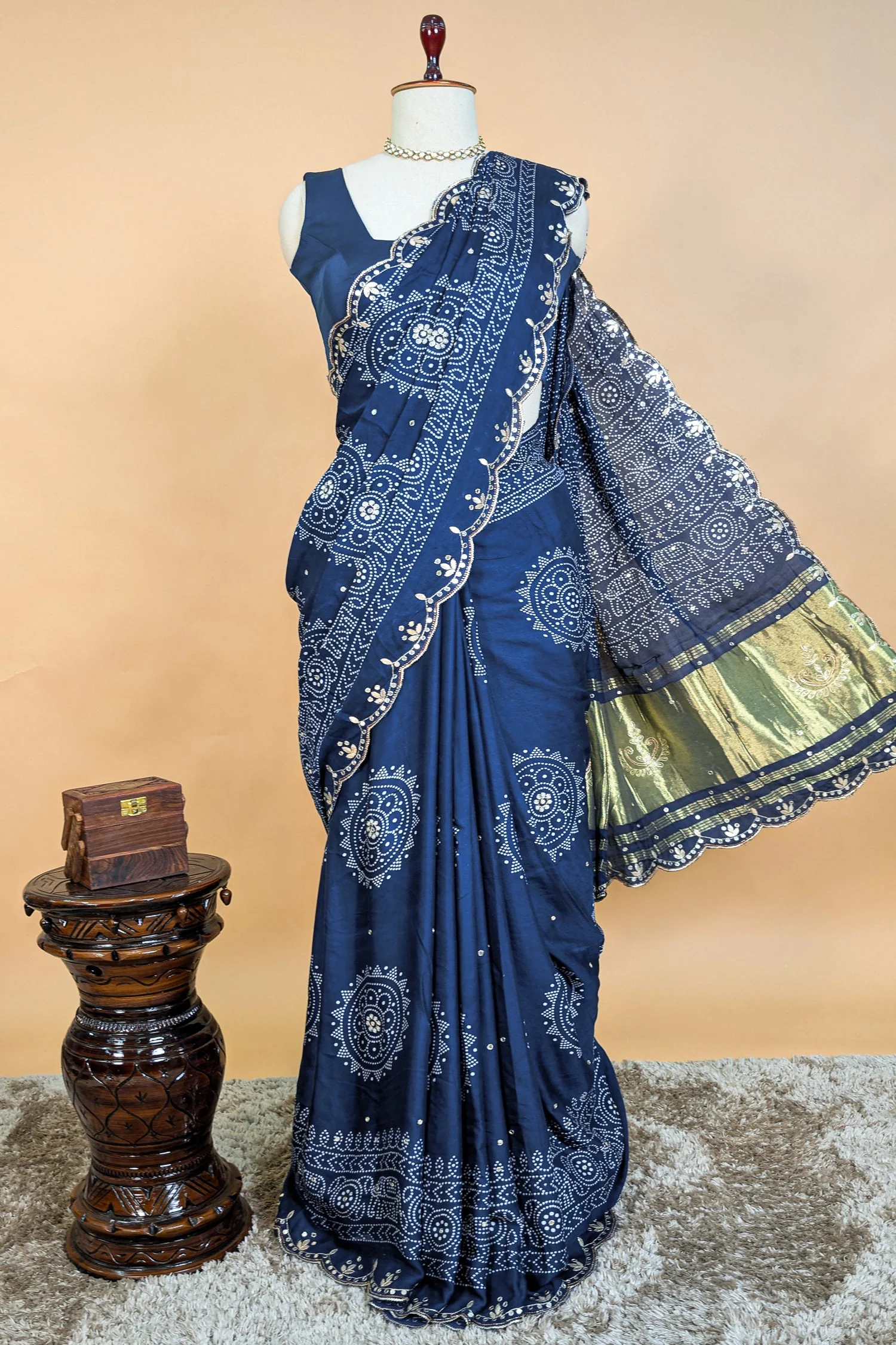 Blue Modal Silk Ajrakh Printed Saree with Applique and Gota Work - Image 4