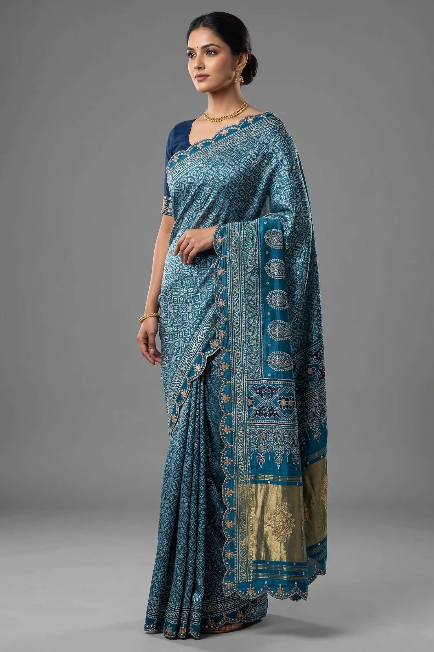 Blue Modal Silk Ajrakh Printed Saree with Gota and Applique Work