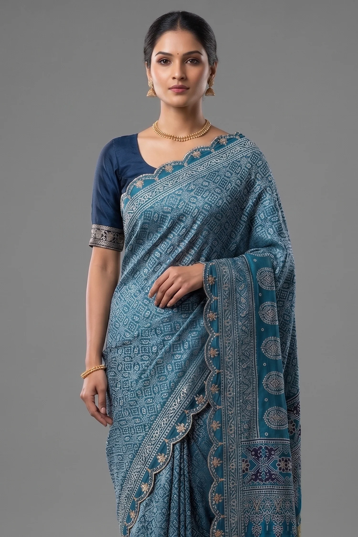 Blue Modal Silk Ajrakh Printed Saree with Gota and Applique Work - Image 2
