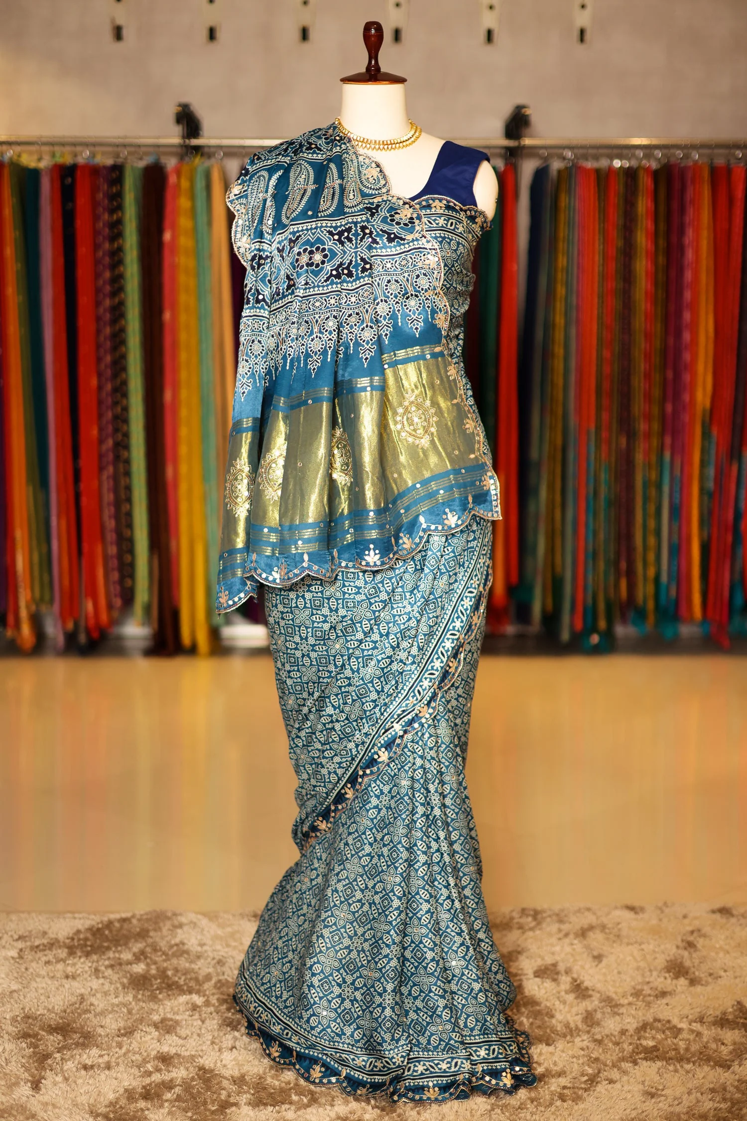 Blue Modal Silk Ajrakh Printed Saree with Gota and Applique Work - Image 3