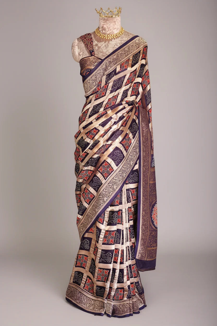 Blue Modal Silk Checks Ajrakh Printed Saree - Image 2