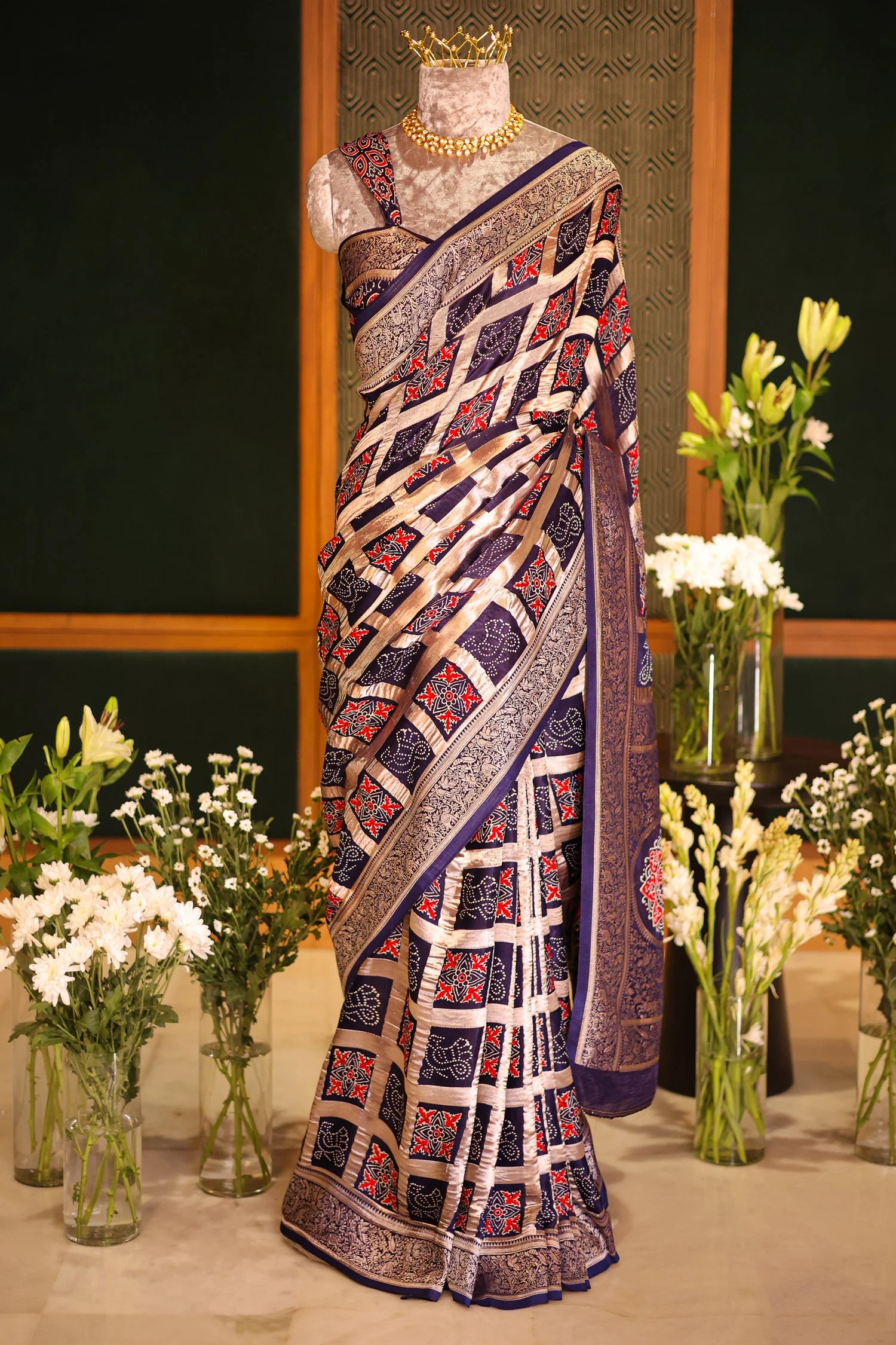 Blue Modal Silk Checks Ajrakh Printed Saree - Image 3