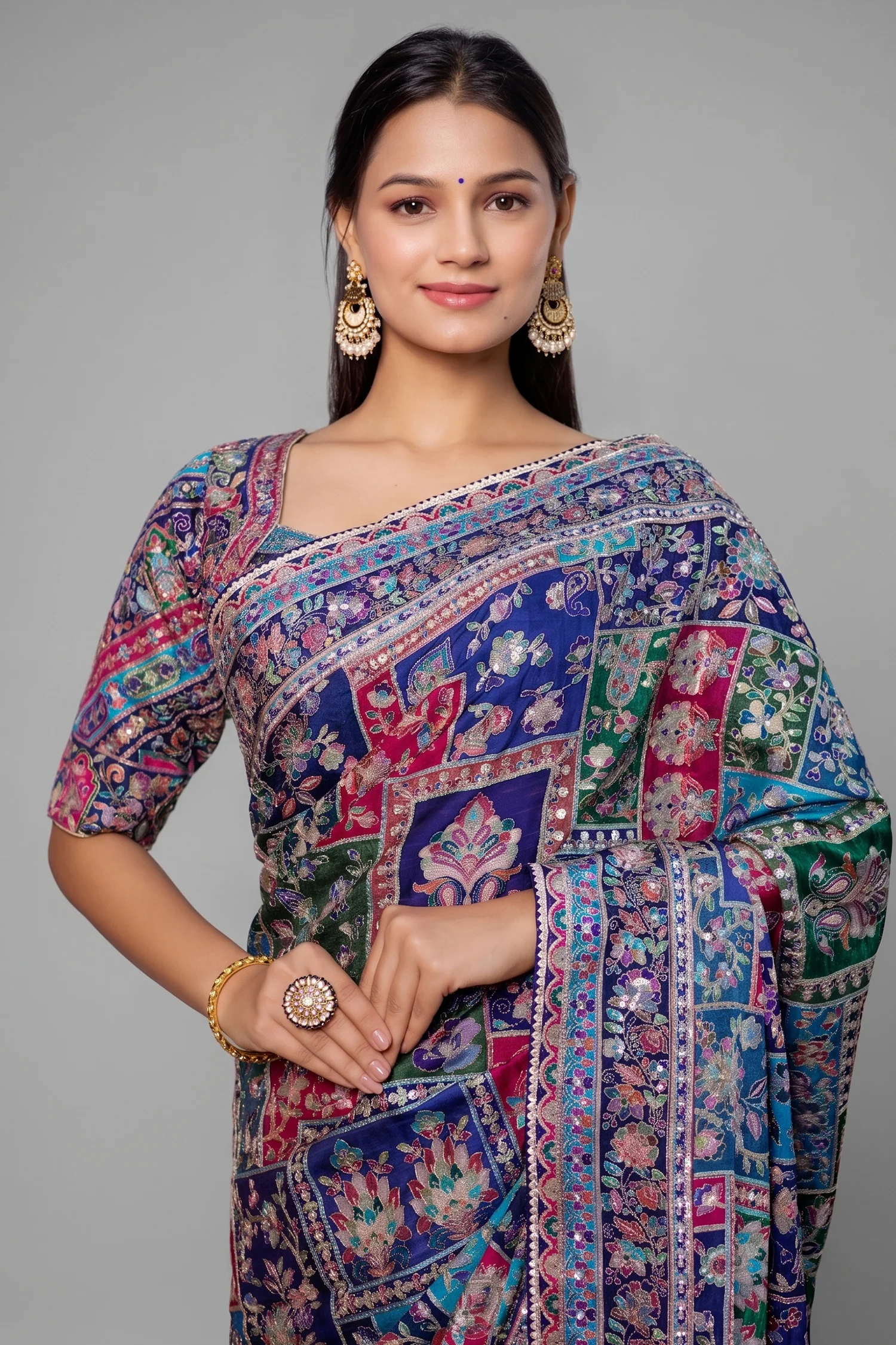 Blue Modal Silk Printed Saree with Sequin Embroidery Work - Image 2
