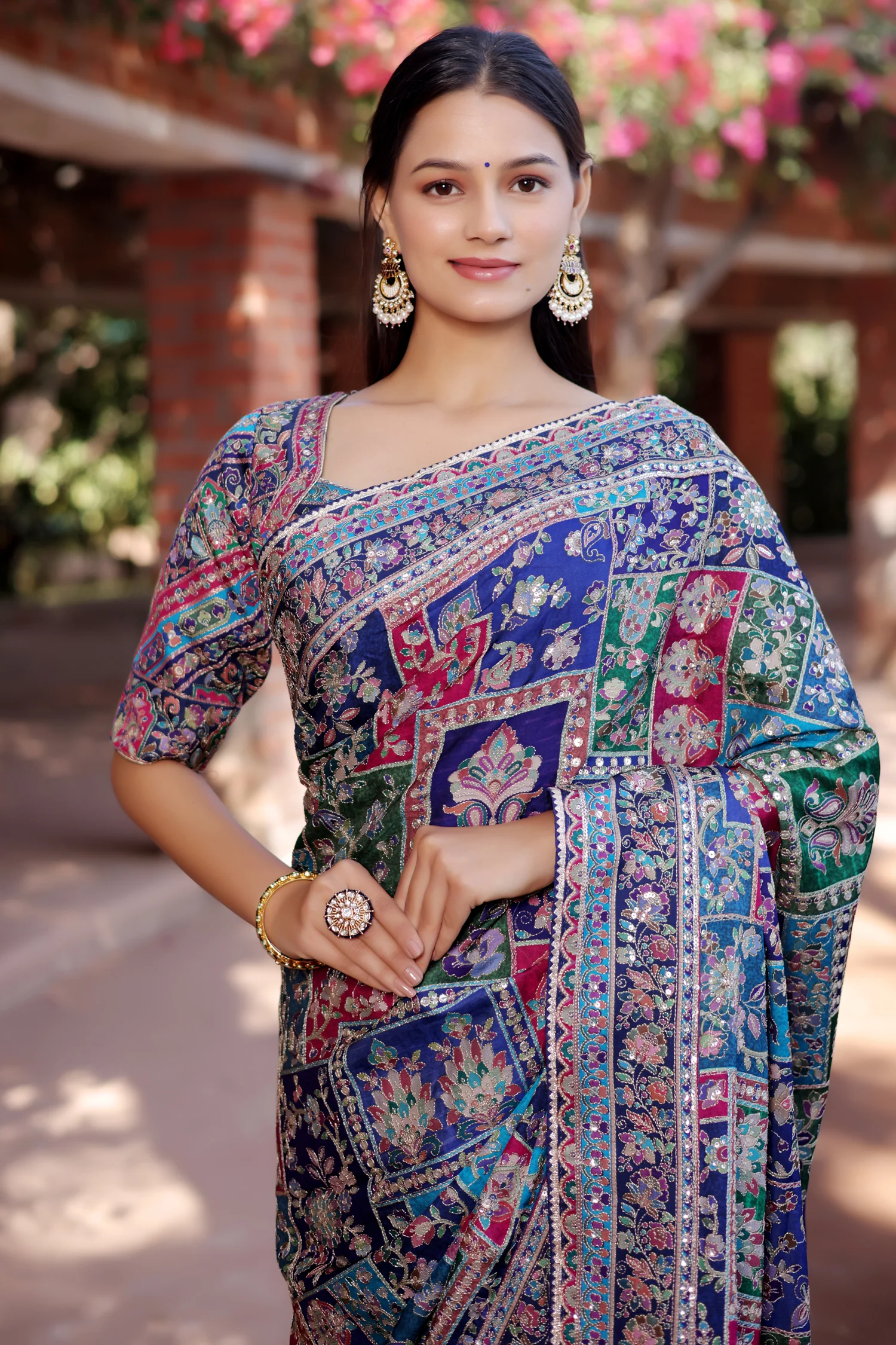 Blue Modal Silk Printed Saree with Sequin Embroidery Work - Image 3
