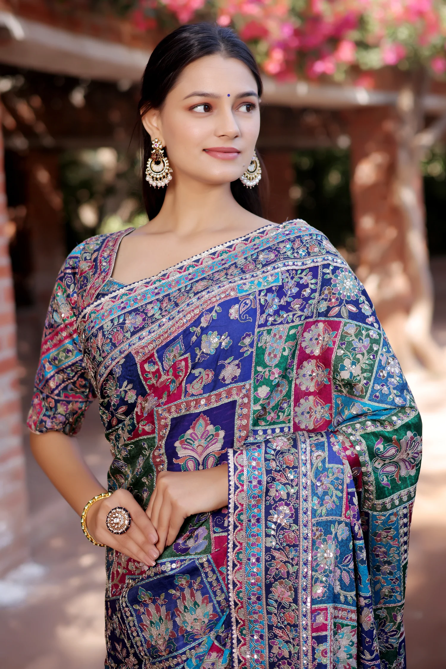 Blue Modal Silk Printed Saree with Sequin Embroidery Work - Image 5