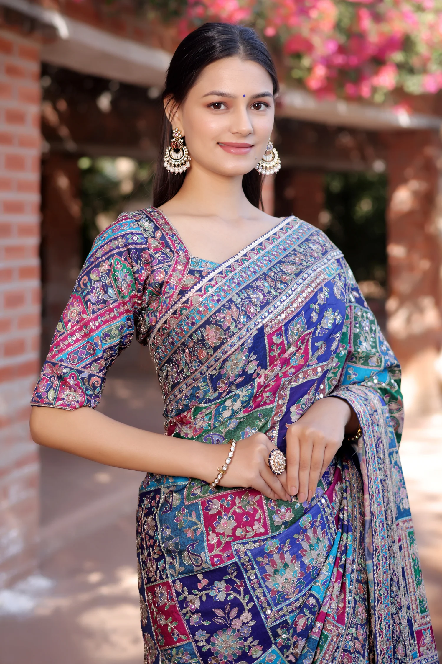 Blue Modal Silk Printed Saree with Sequin Embroidery Work - Image 6
