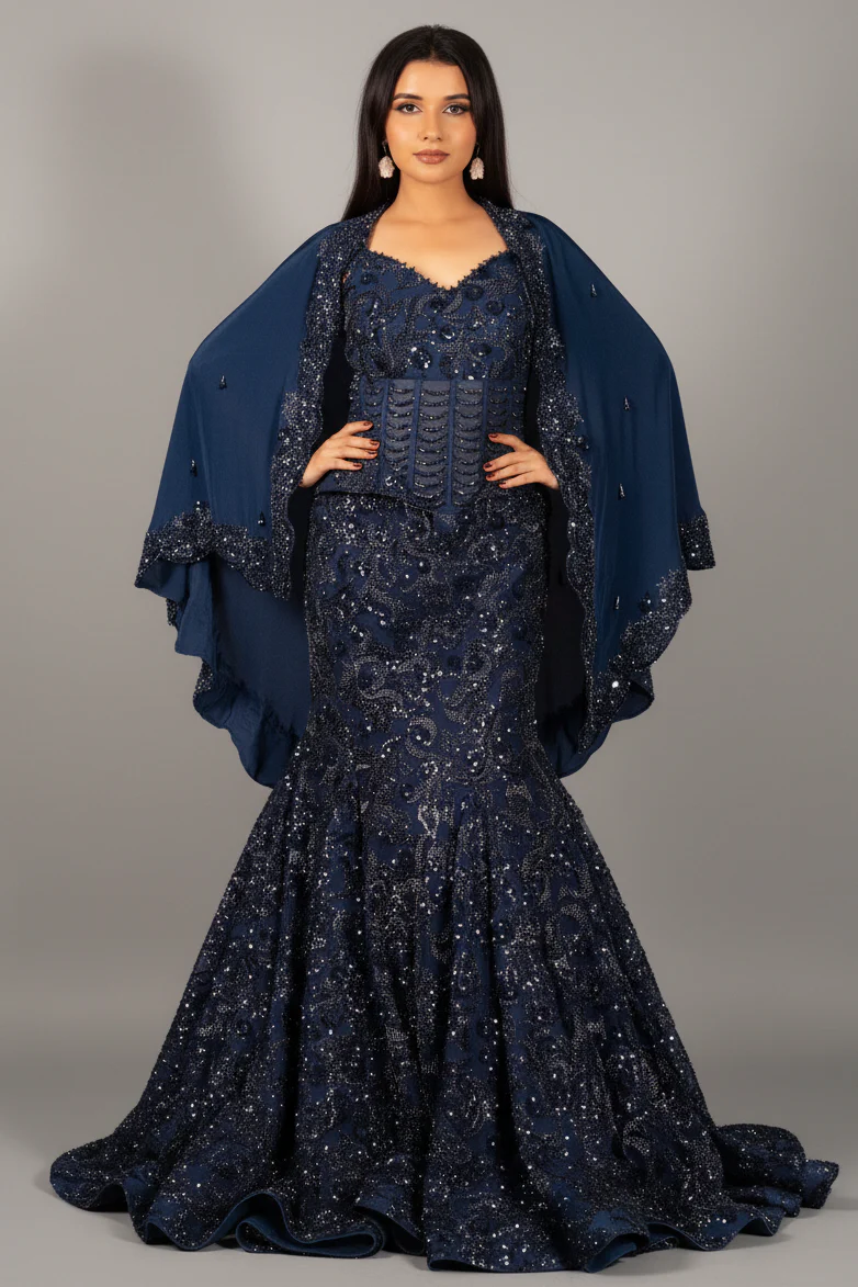 Blue Net Sequinned and Cutdana Worked Fish Cut Lehenga with Corset