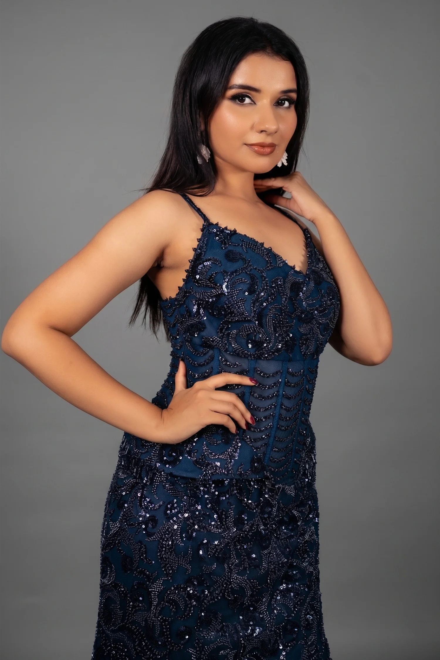 Blue Net Sequinned and Cutdana Worked Fish Cut Lehenga with Corset - Image 2