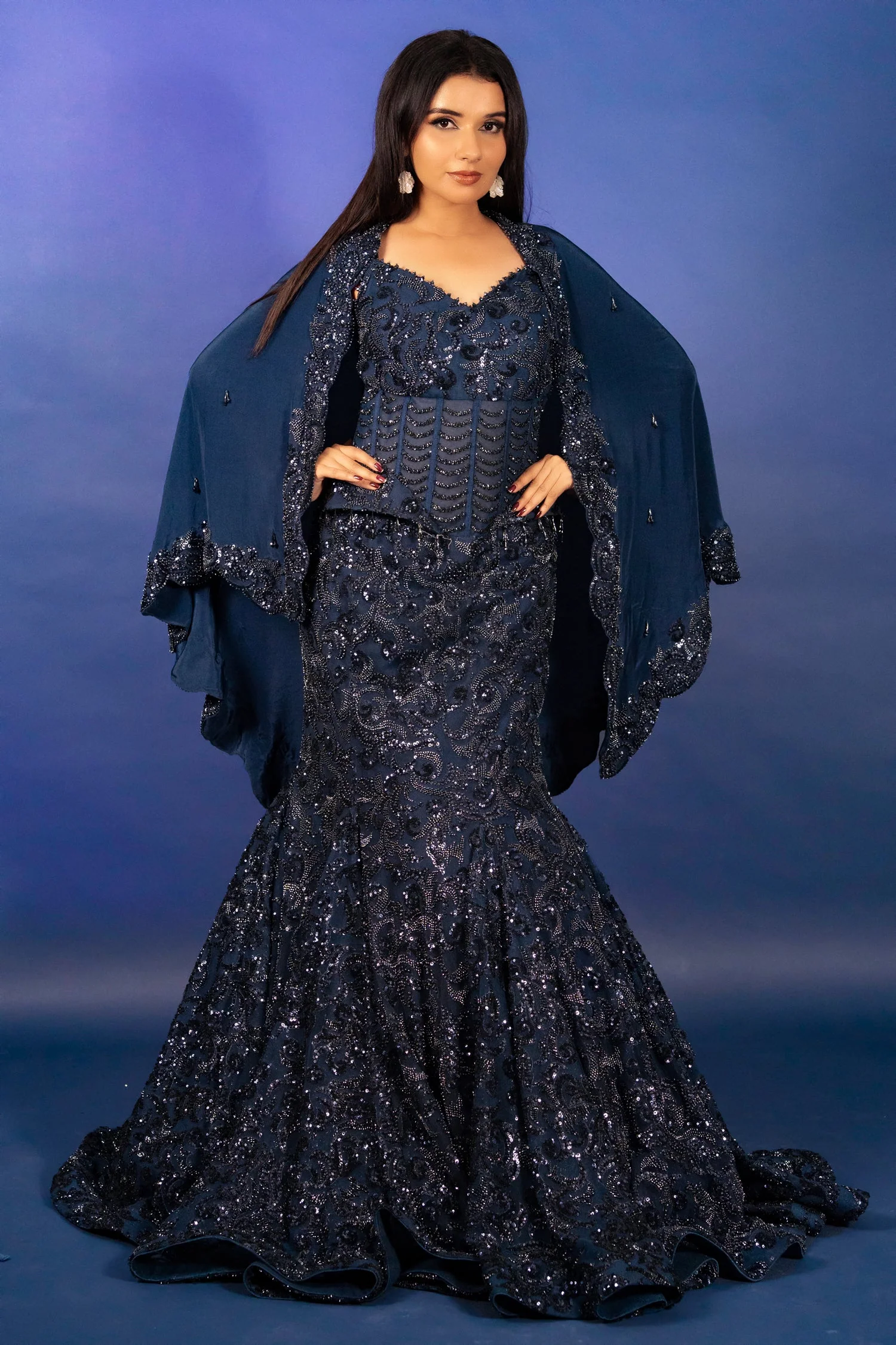 Blue Net Sequinned and Cutdana Worked Fish Cut Lehenga with Corset - Image 3