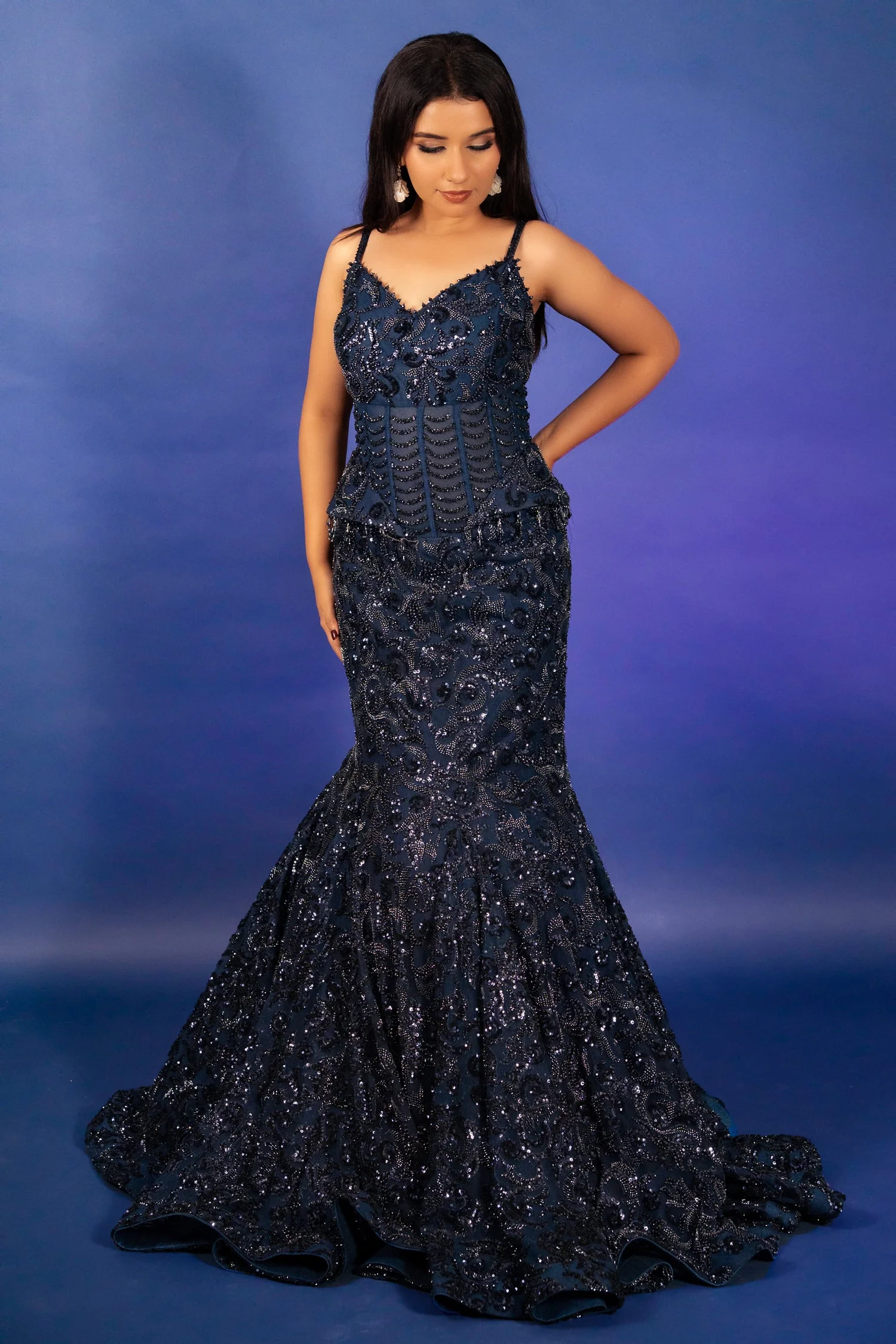 Blue Net Sequinned and Cutdana Worked Fish Cut Lehenga with Corset - Image 4