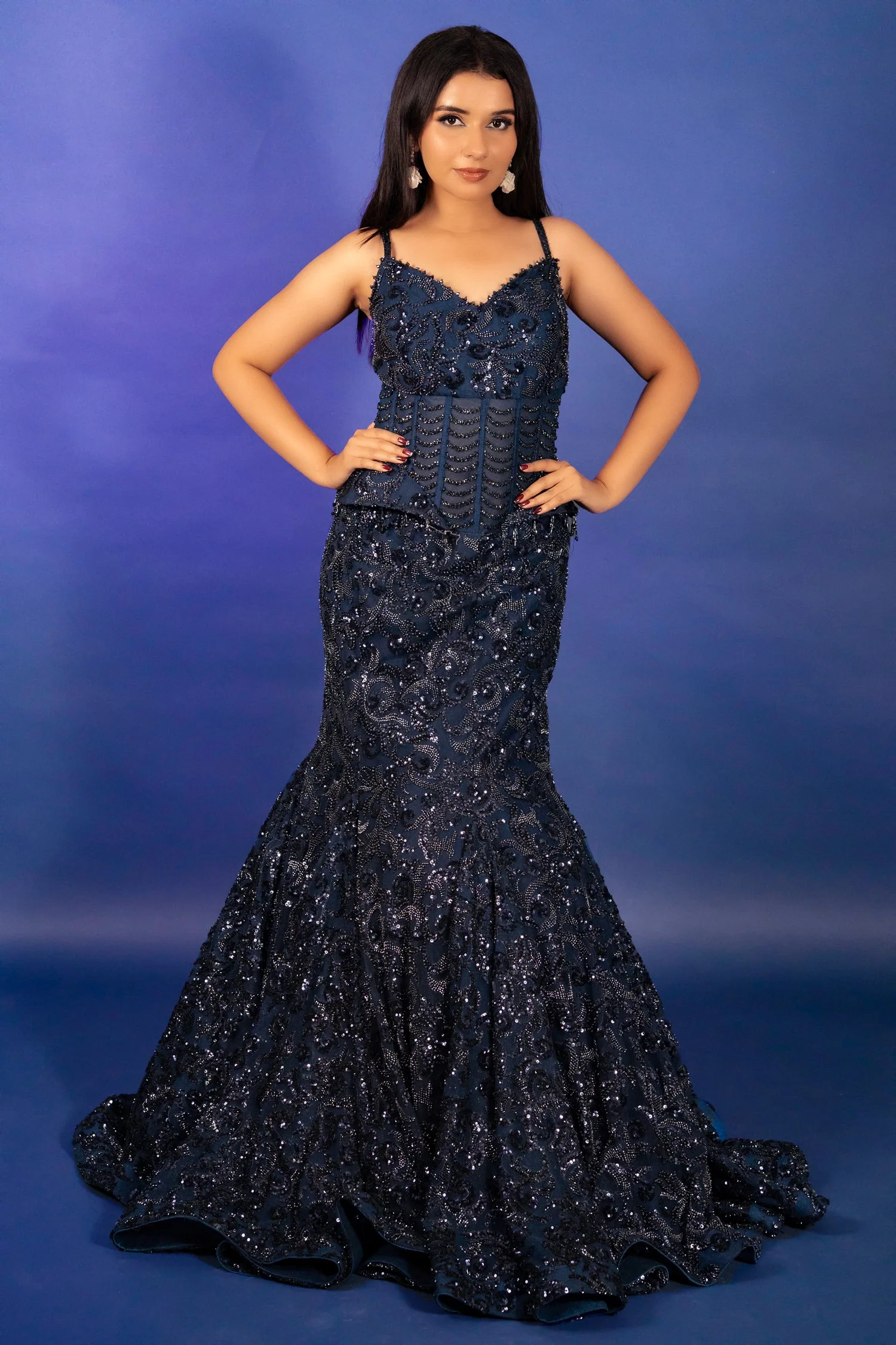 Blue Net Sequinned and Cutdana Worked Fish Cut Lehenga with Corset - Image 5