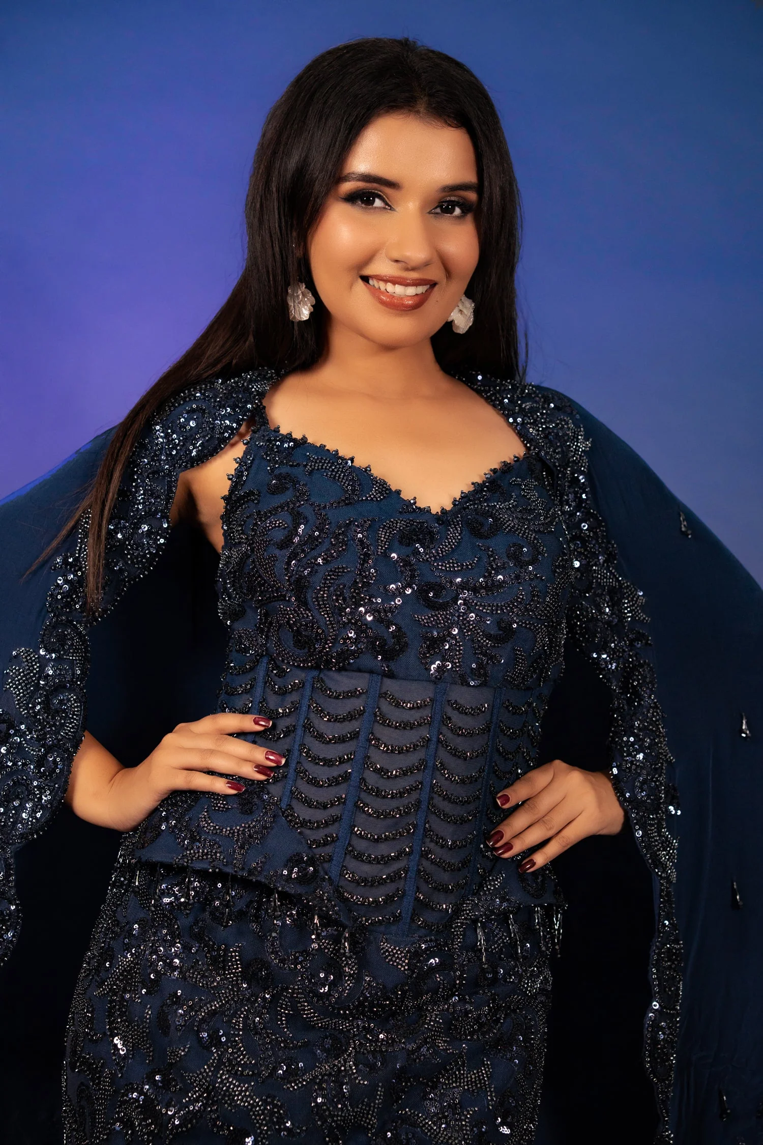 Blue Net Sequinned and Cutdana Worked Fish Cut Lehenga with Corset - Image 7