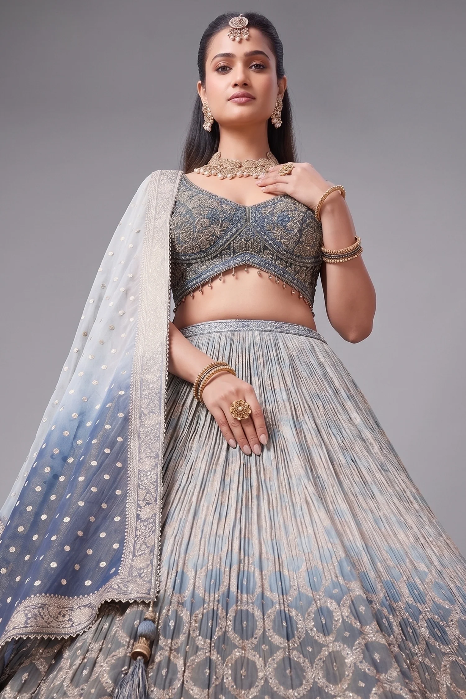 Blue Ombre Tissue Woven Lehenga - Image 2